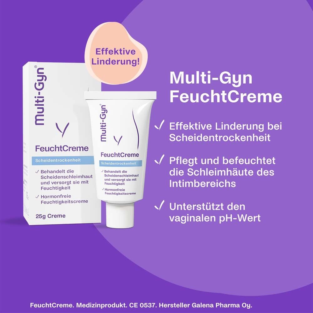 Multi-Gyn FeuchtCreme, Tube und Verpackung. Lindert Scheidentrockenheit. Hormonfrei. Medizinprodukt.