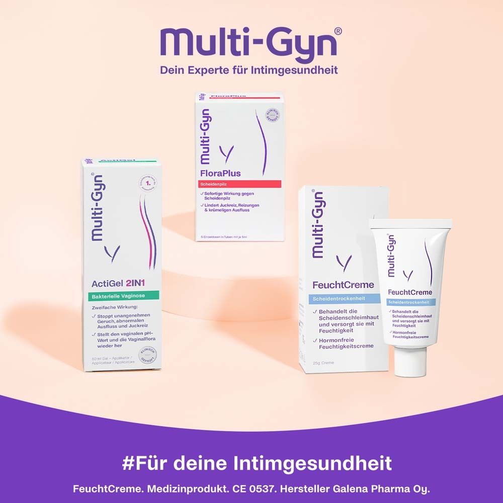 Multi-Gyn Produkte. ActiGel 2IN1, FloraPlus, FeuchtCreme. Für deine Intimgesundheit.