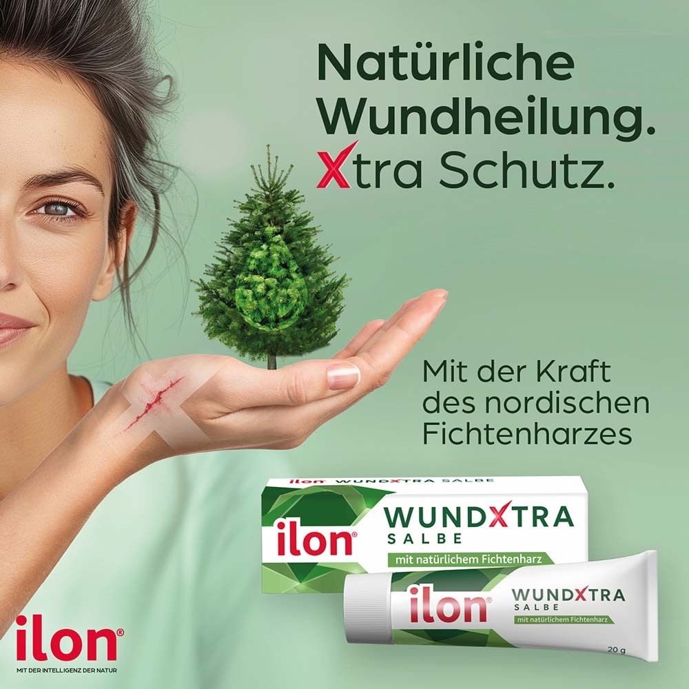 Frau hält Hand mit Wunde. Text: Natürliche Wundheilung. Xtra Schutz. ilon® WUNDXTRA Salbe. Mit der Kraft des nordischen Fichtenharzes.