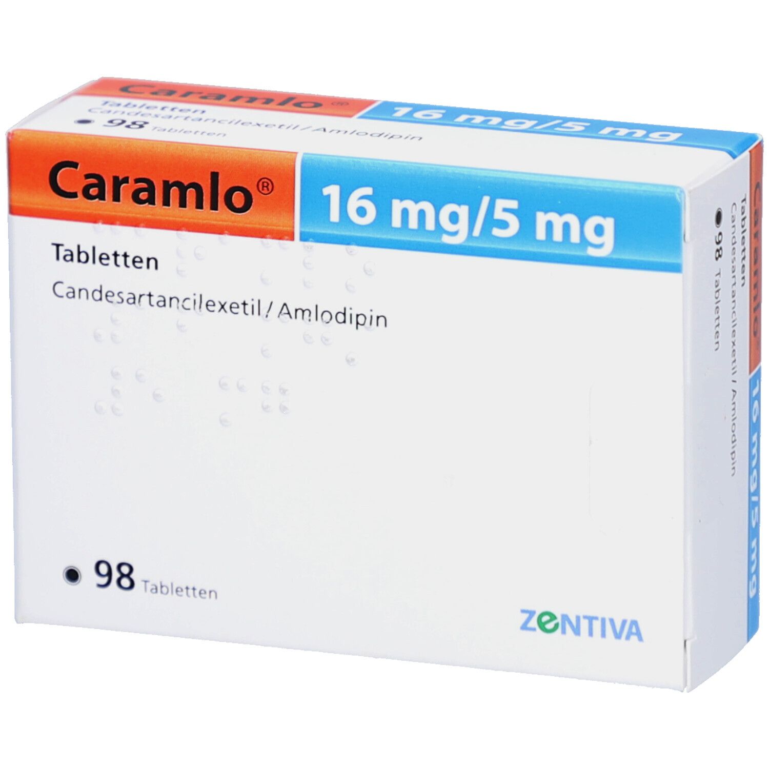 Weiße Tabletten-Packung mit Aufschrift Caramlo 16 mg/5 mg. Enthält 98 Tabletten. Marke Zentiva.