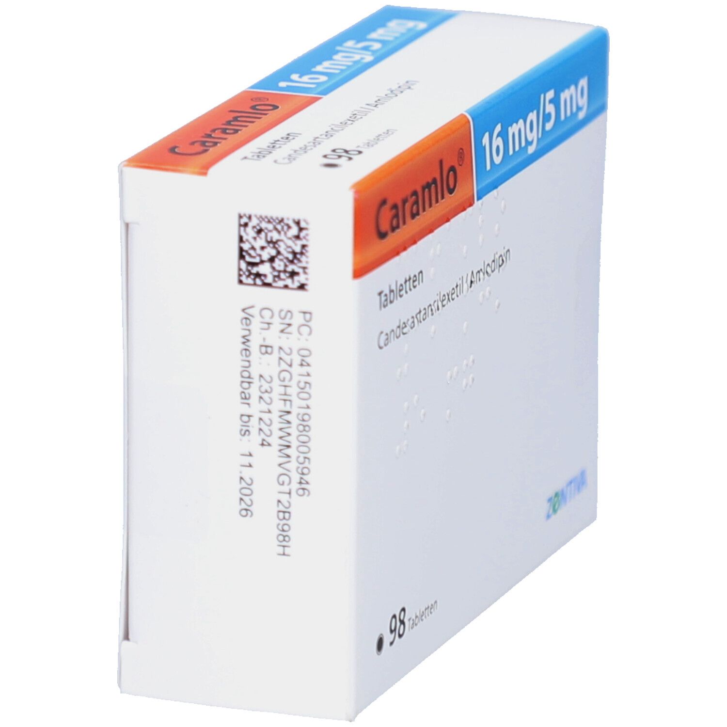 Tabletten-Packung Caramlo 16 mg/5 mg. Seitenansicht mit Barcode und Verfallsdatum. Marke Zentiva.