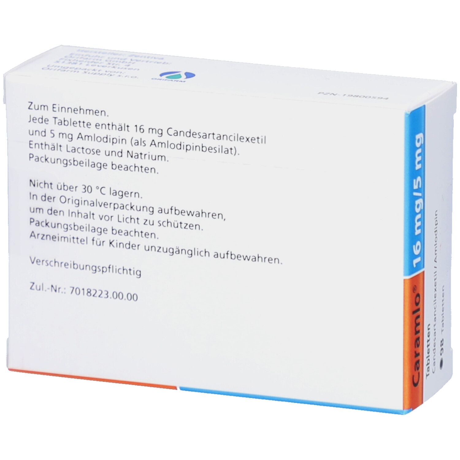 Rückseite der Tabletten-Packung Caramlo 16 mg/5 mg. Enthält Informationen zur Einnahme und Lagerung.