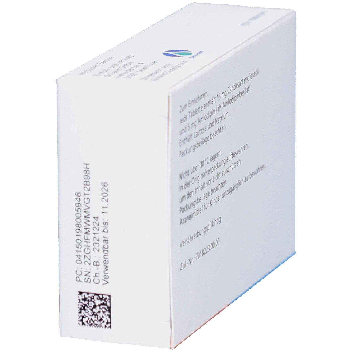 Rückseite der Tabletten-Packung Caramlo 16 mg/5 mg. Enthält Informationen zur Einnahme und Lagerung.