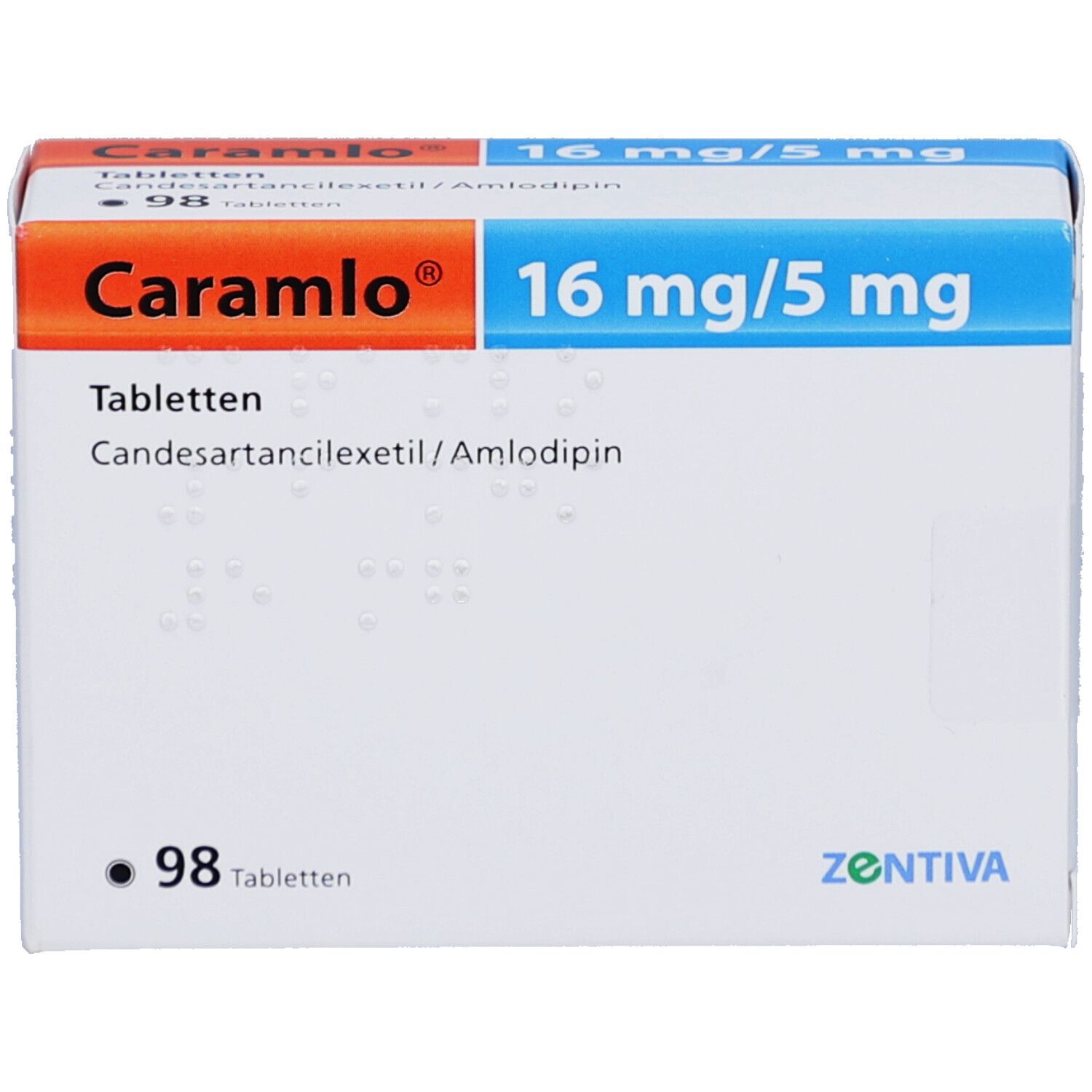 Weiße Tabletten-Packung mit Aufschrift Caramlo 16 mg/5 mg. Enthält 98 Tabletten. Marke Zentiva.