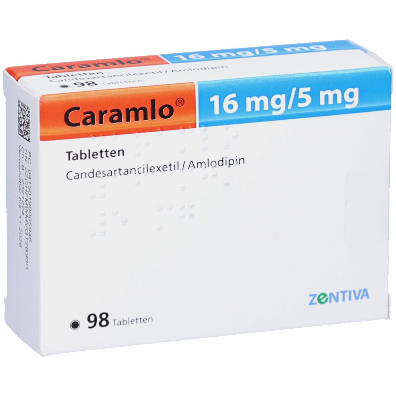 Weiße Tabletten-Packung mit Aufschrift Caramlo 16 mg/5 mg. Enthält 98 Tabletten. Marke Zentiva.