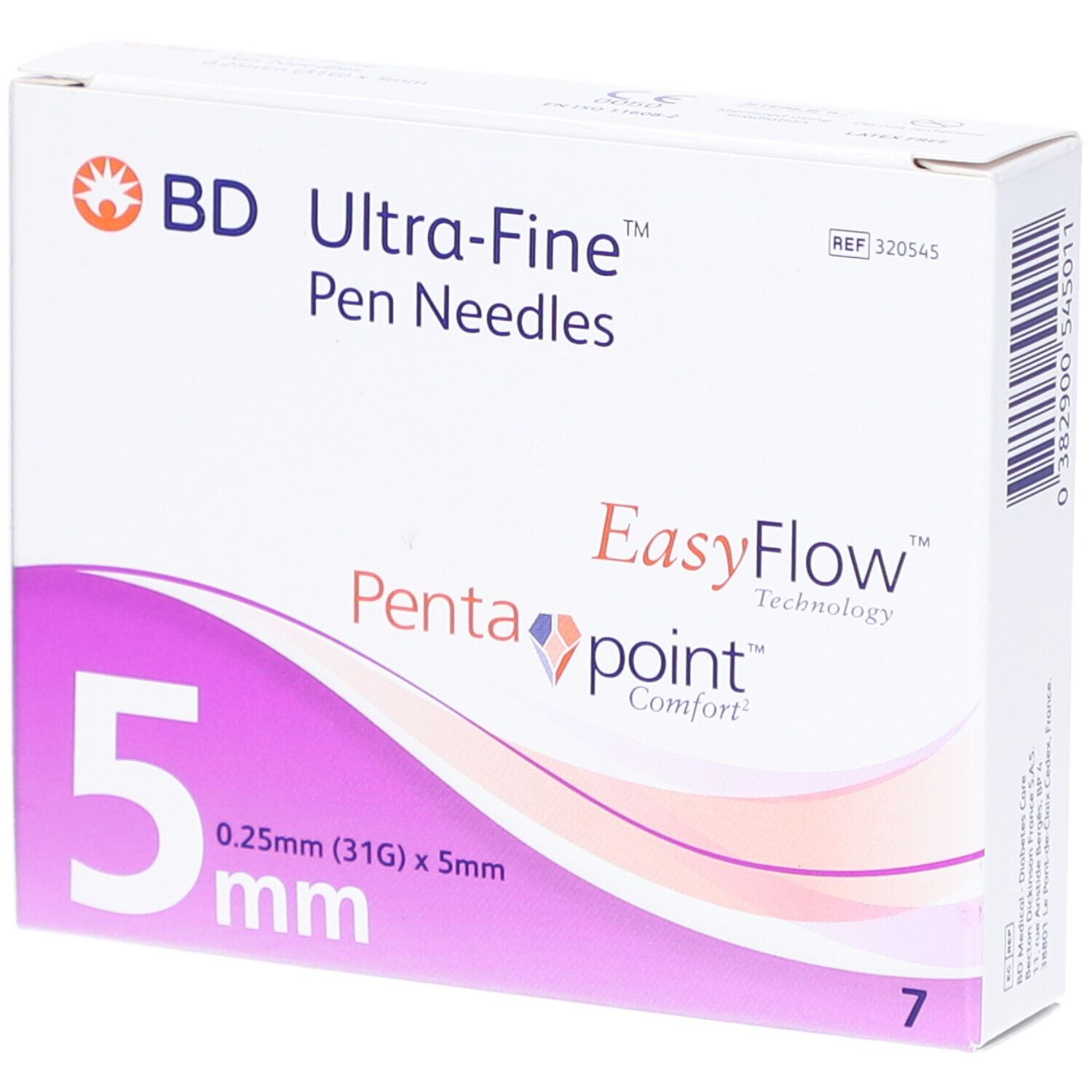 Verpackung von BD Ultra-Fine Pen-Nadeln. Aufdruck: 5 mm, 0,25 mm (31G) x 5 mm, 7 Stück. EasyFlow, Pentapoint Comfort.