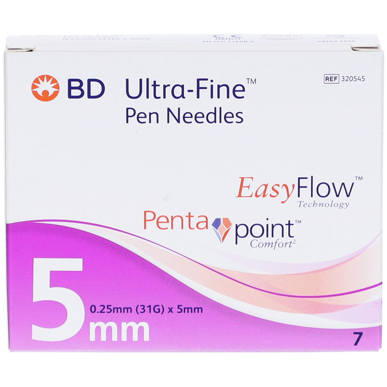 Vorderseite der Verpackung von BD Ultra-Fine Pen-Nadeln. Aufdruck: 5 mm, 0,25 mm (31G) x 5 mm, 7 Stück. EasyFlow, Pentapoint Comfort.