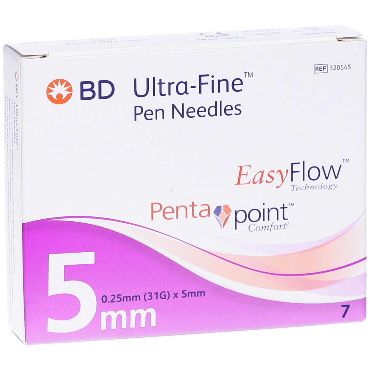 Vorderseite der Verpackung von BD Ultra-Fine Pen-Nadeln. Aufdruck: 5 mm, 0,25 mm (31G) x 5 mm, 7 Stück. EasyFlow, Pentapoint Comfort.