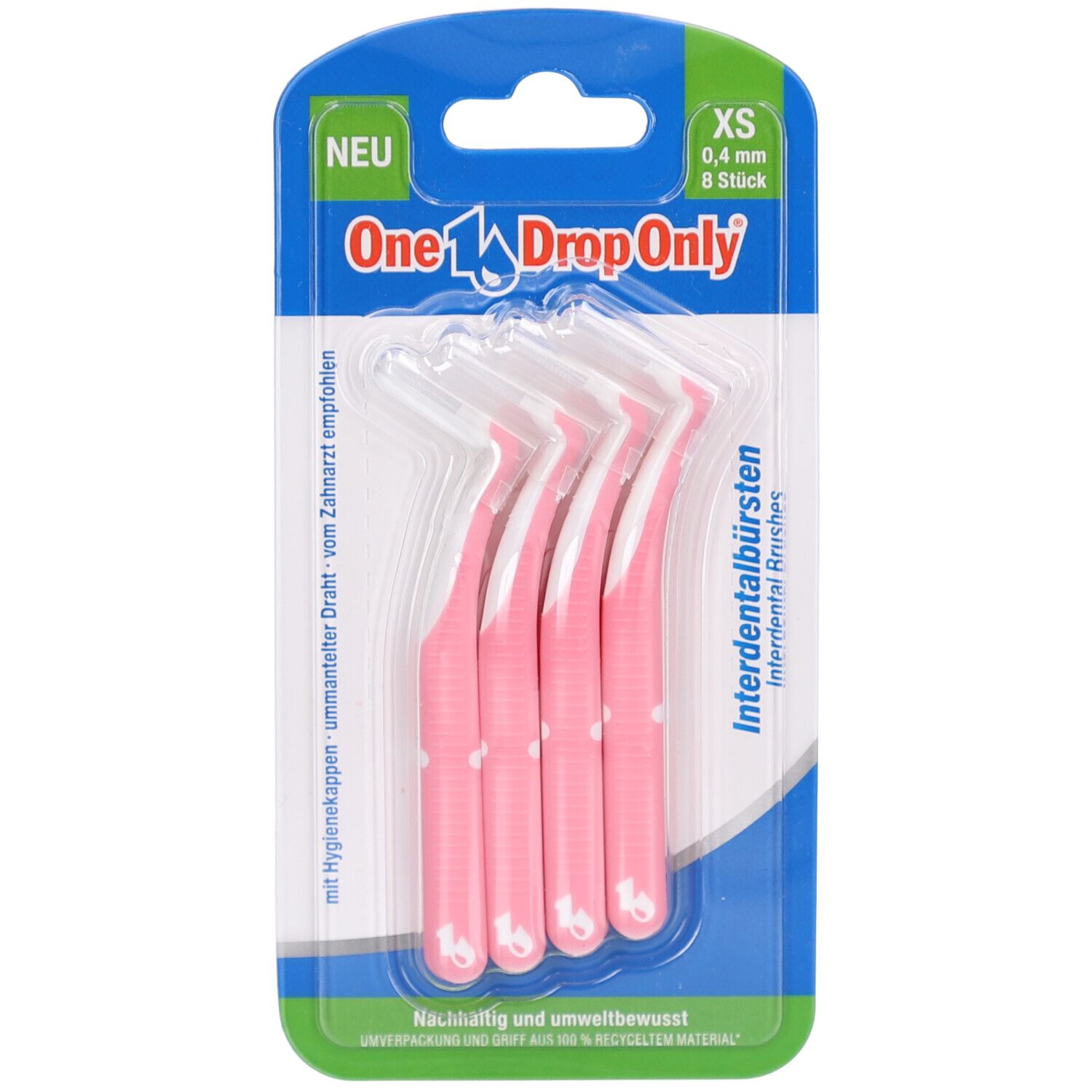 Blisterpackung mit pinkfarbenen Interdentalbürsten. 'One Drop Only' und 'XS 0,4 mm' sind sichtbar. 6 Stück.