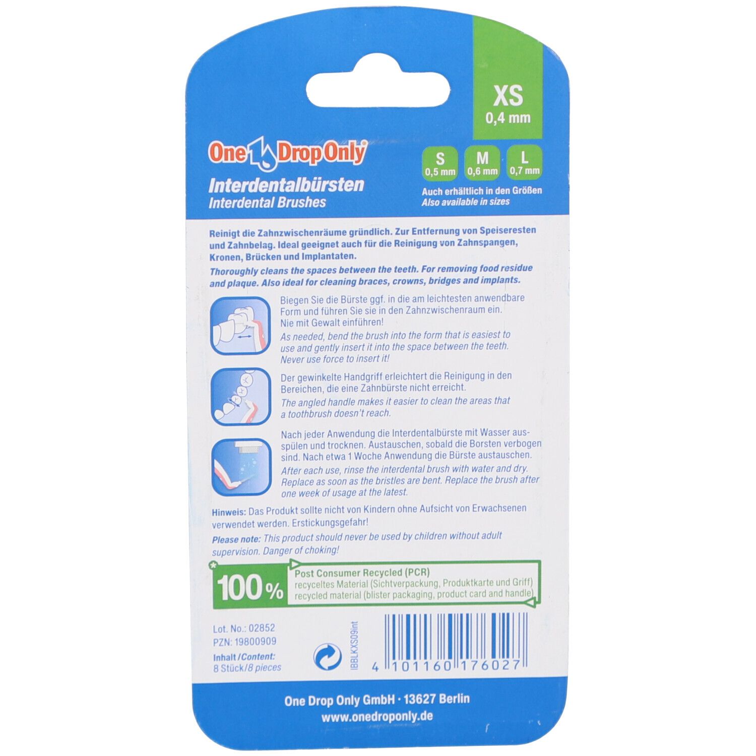 Rückseite der Verpackung mit Produktinformationen. 'One Drop Only' und Größenangaben sind sichtbar. 100% recyceltes Material.