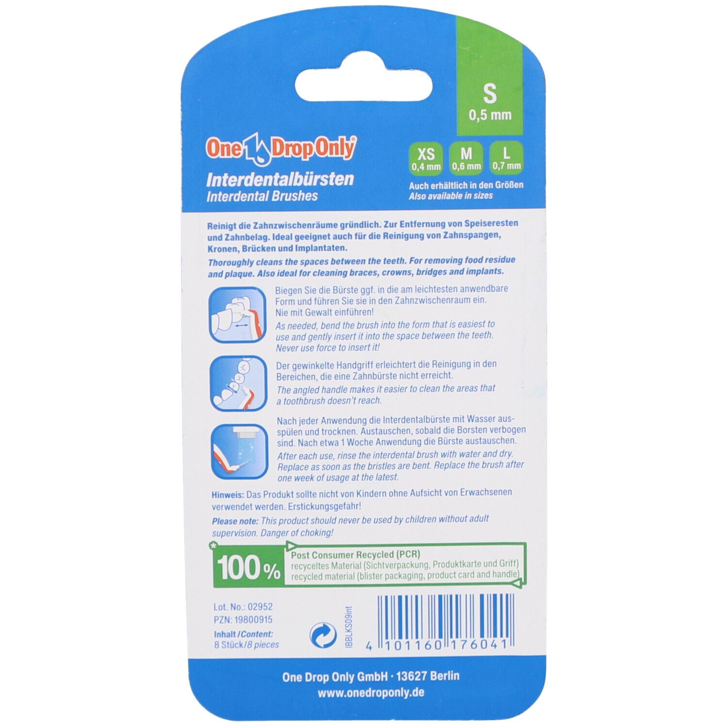 Rückseite der Verpackung mit Produktinformationen und Größenangaben. Text: One Drop Only, Interdentalbürsten, 100% PCR.