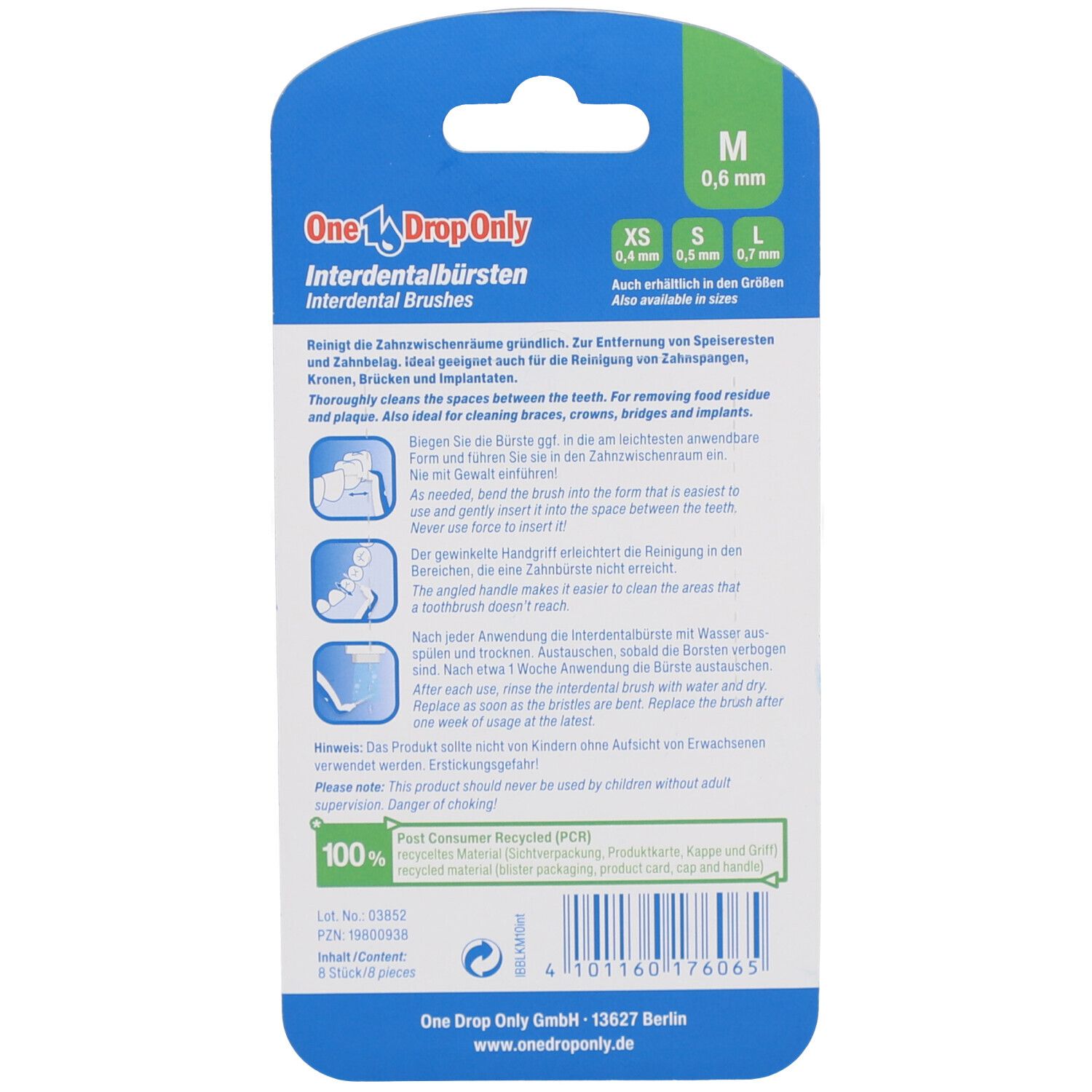 Rückseite der Verpackung mit Produktinformationen. Text in Deutsch. Größenangaben: XS, S, L. Logo: 100% Post Consumer Recycled.