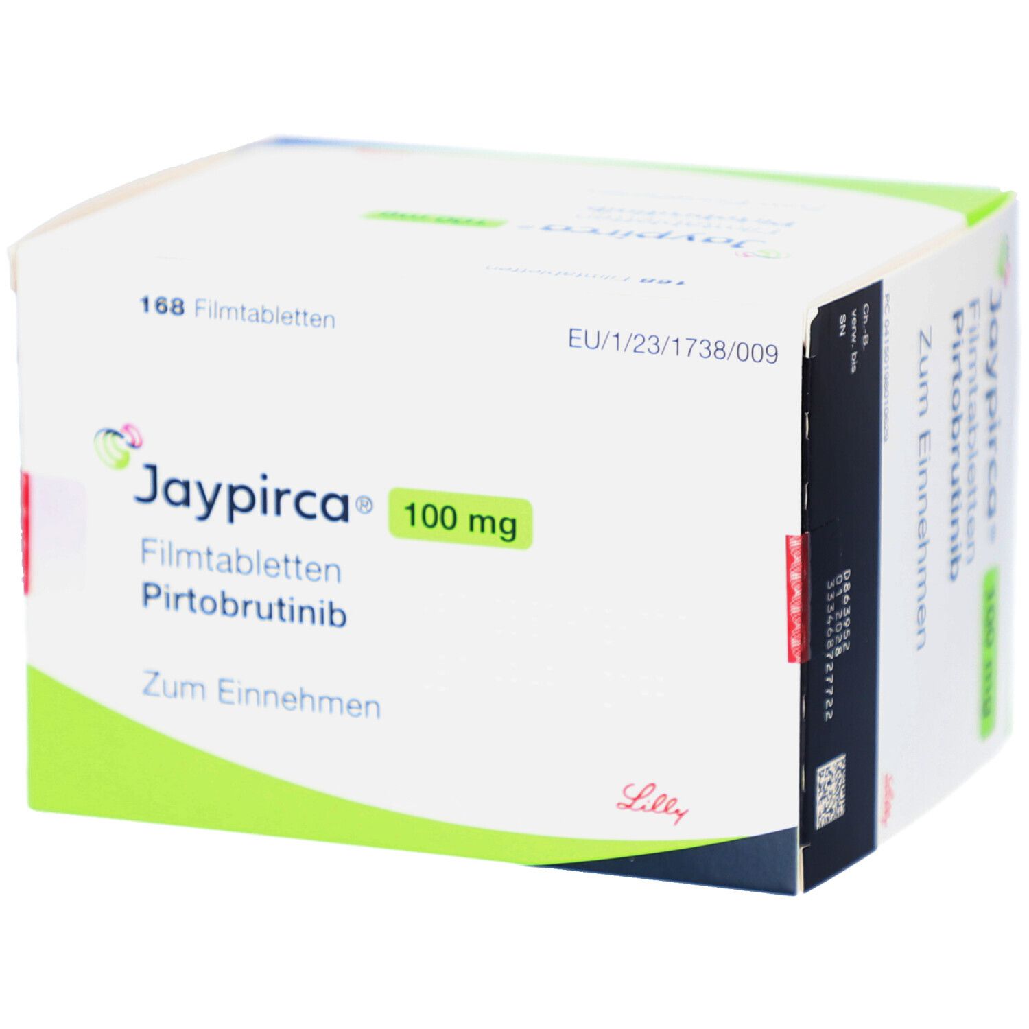 Schachtel mit Jaypirca 100 mg Filmtabletten. Grün-weiße Verpackung mit Produktnamen und Dosierung. Enthält 168 Tabletten.