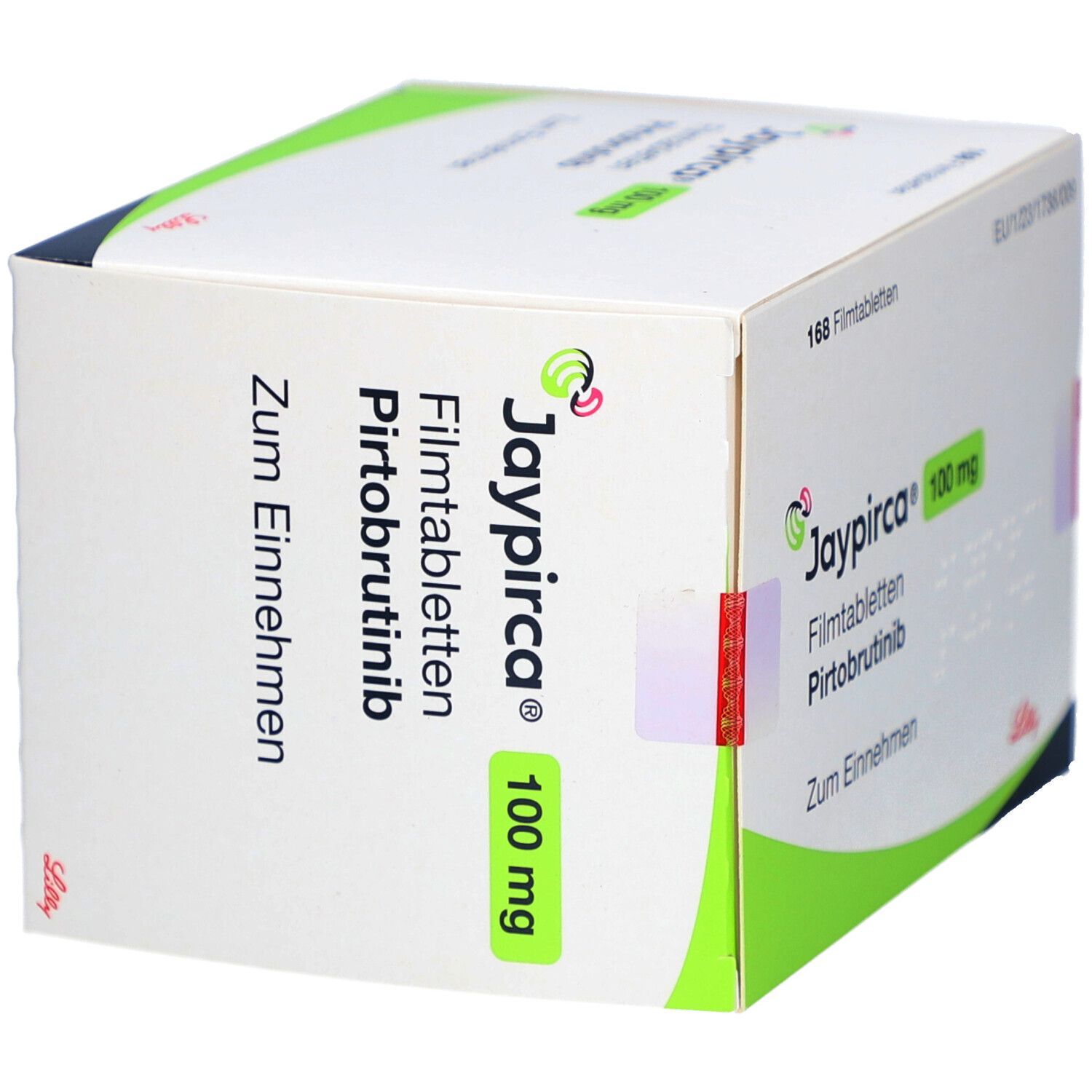 Schachtel mit Jaypirca 100 mg Filmtabletten. Grün-weiße Verpackung mit Produktnamen und Dosierung. Enthält 168 Tabletten.