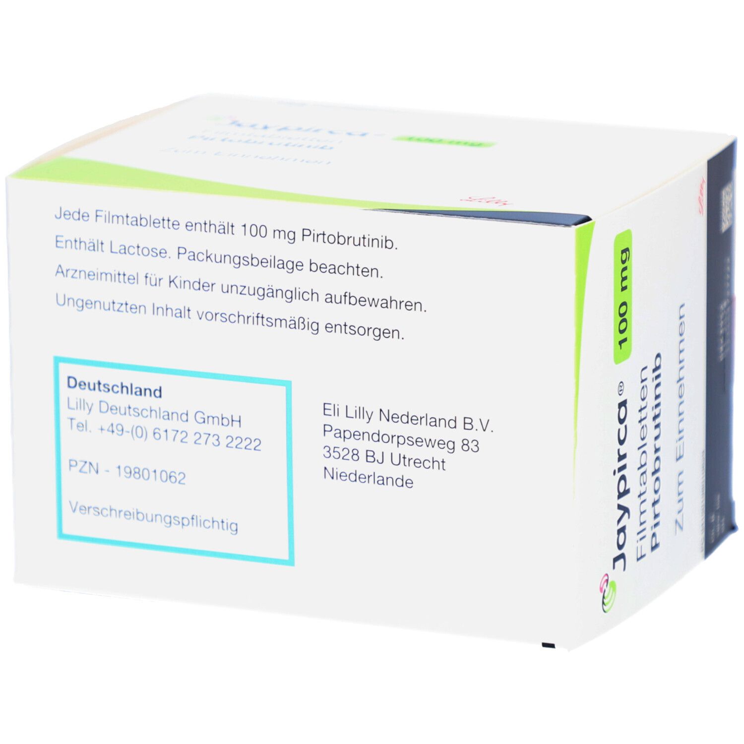 Rückseite der Jaypirca 100 mg Filmtabletten-Schachtel. Enthält Informationen zu Inhaltsstoffen und Hersteller.