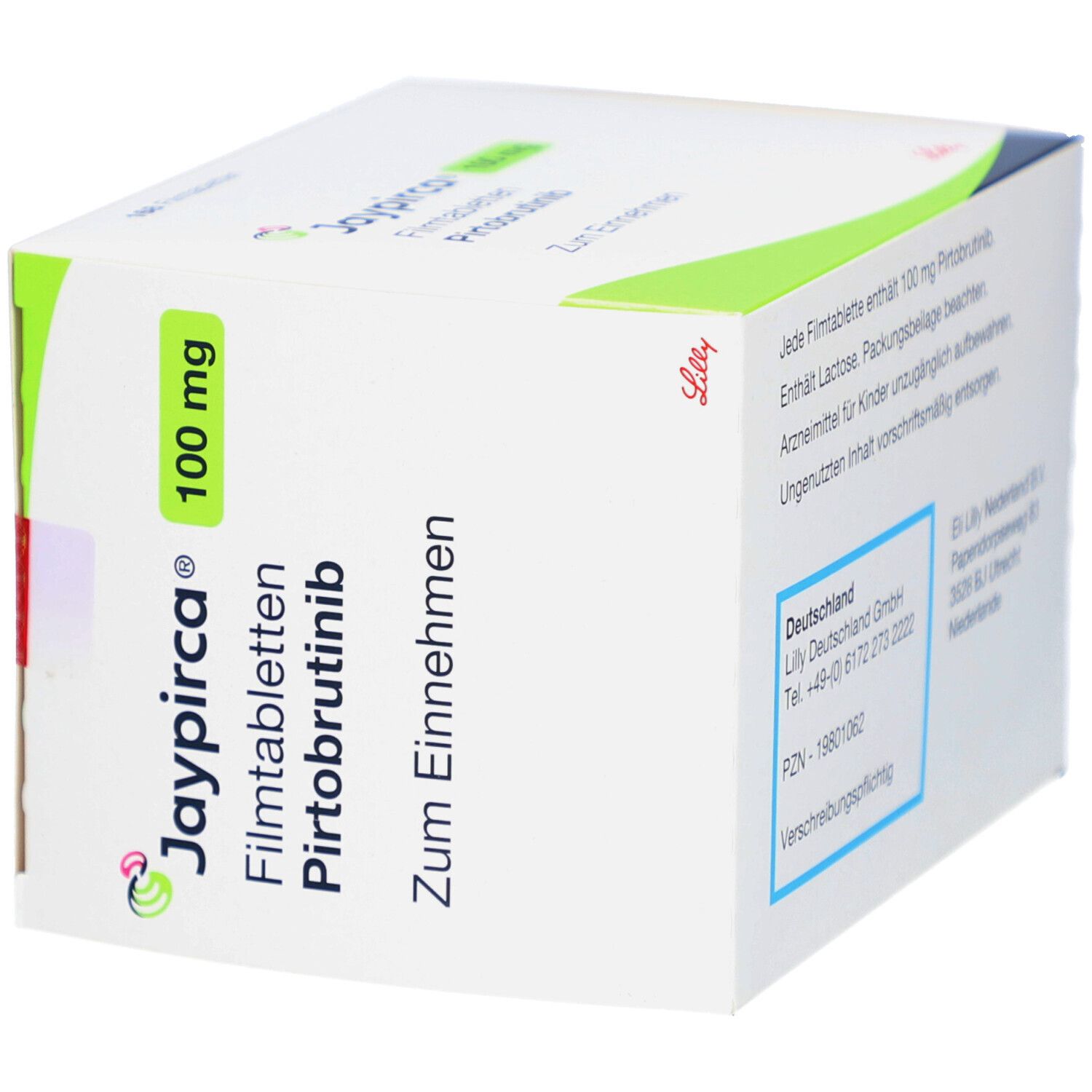 Schachtel mit Jaypirca 100 mg Filmtabletten. Grün-weiße Verpackung mit Produktnamen und Dosierung. Enthält 168 Tabletten.