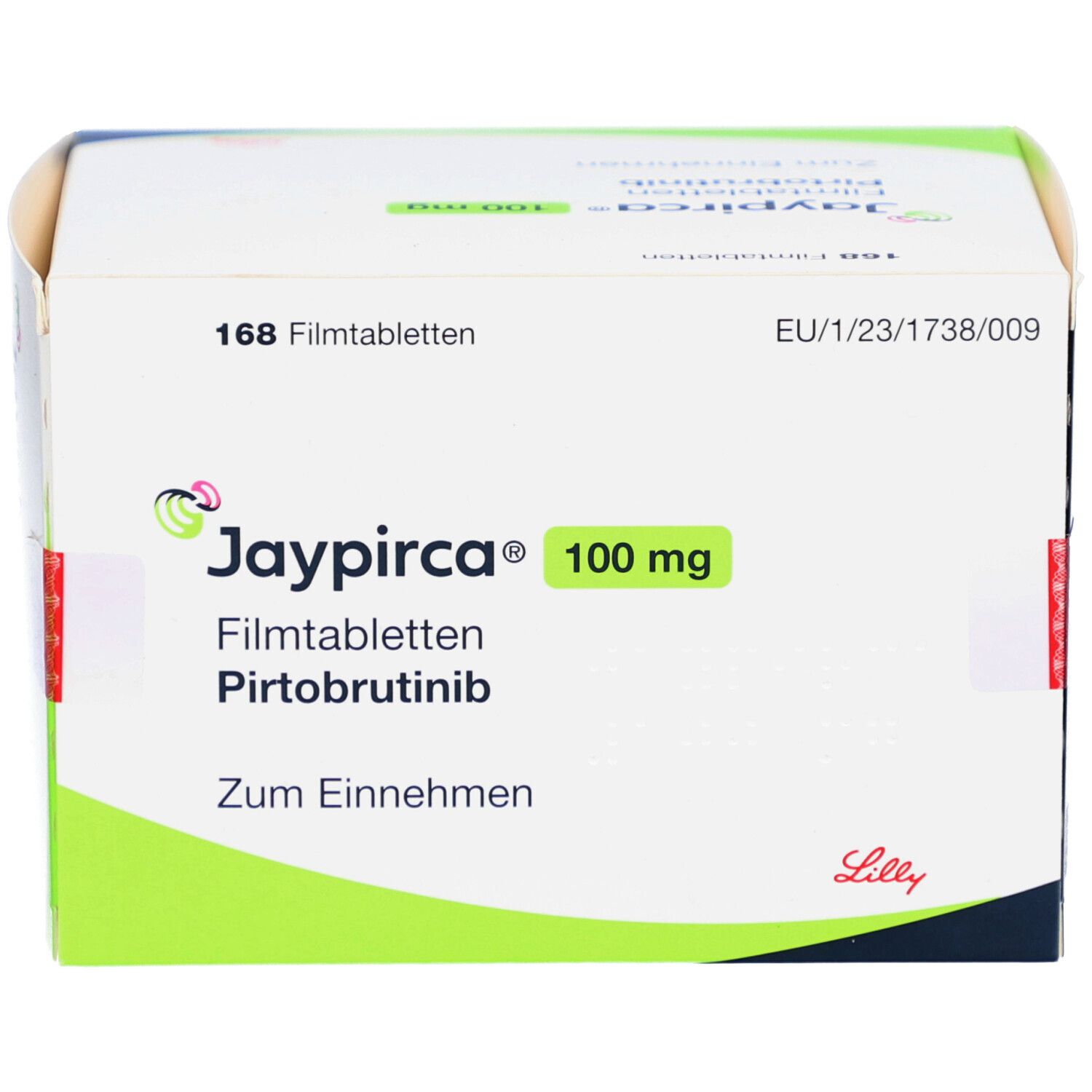 Geöffnete Schachtel mit Jaypirca 100 mg Filmtabletten. Grün-weiße Verpackung mit Produktnamen und Dosierung. Enthält 168 Tabletten.