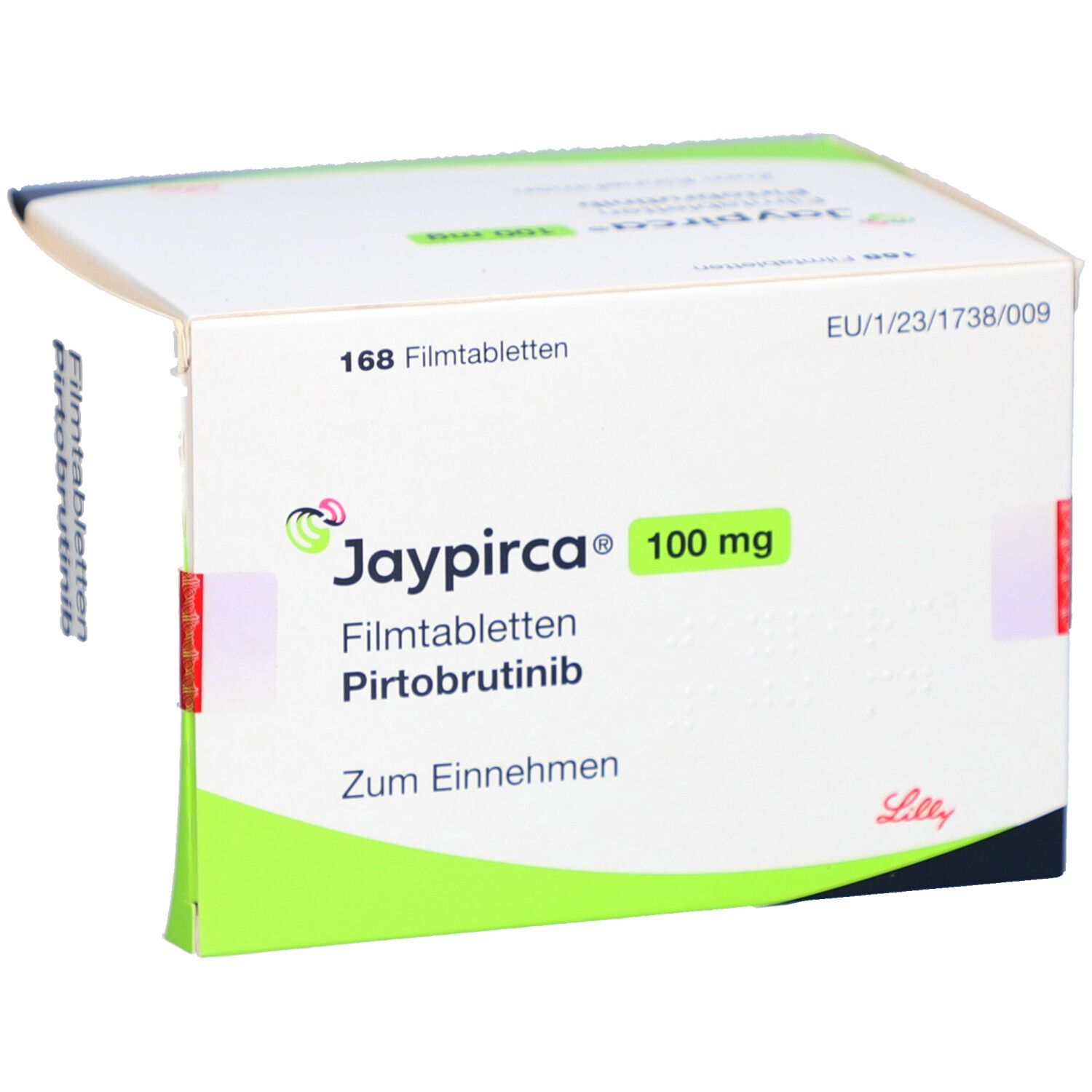 Schachtel mit Jaypirca 100 mg Filmtabletten. Grün-weiße Verpackung mit Produktnamen und Dosierung. Enthält 168 Tabletten.