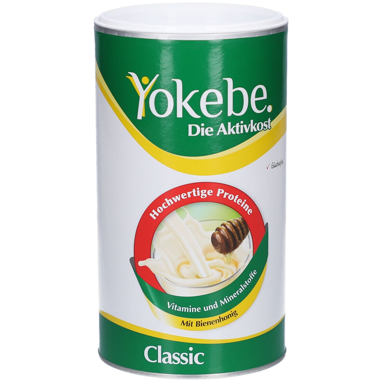 Zylindrische Dose Yokebe Classic. Grün-weißes Design. Logo und Produktbezeichnung. Abbildung mit Honig und Milch. Enthält Proteine, Vitamine und Mineralstoffe.