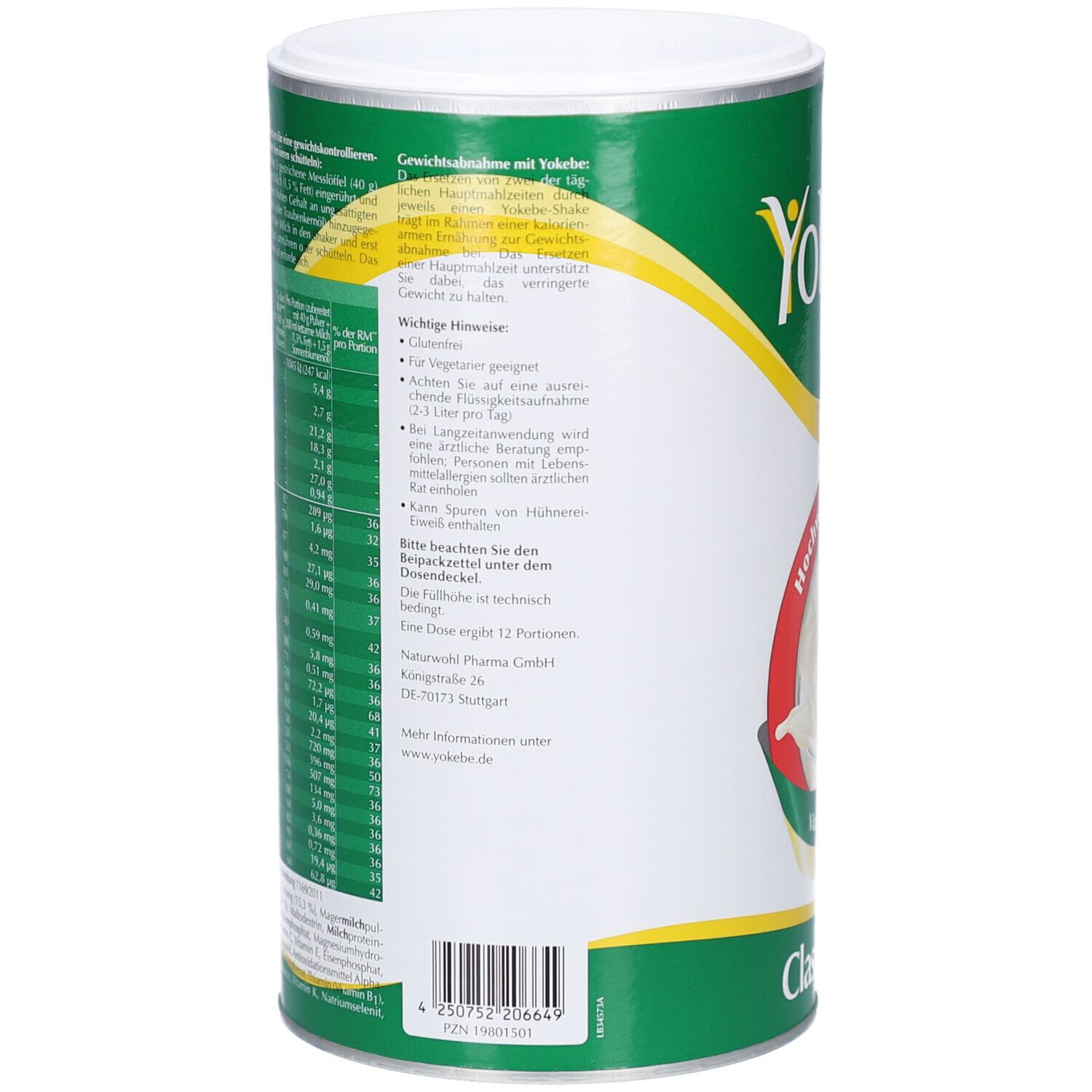 Rückseite der Yokebe Classic Dose. Textinformationen in deutscher Sprache. Enthält Nährwertangaben und Hinweise zur Anwendung. Barcode unten.