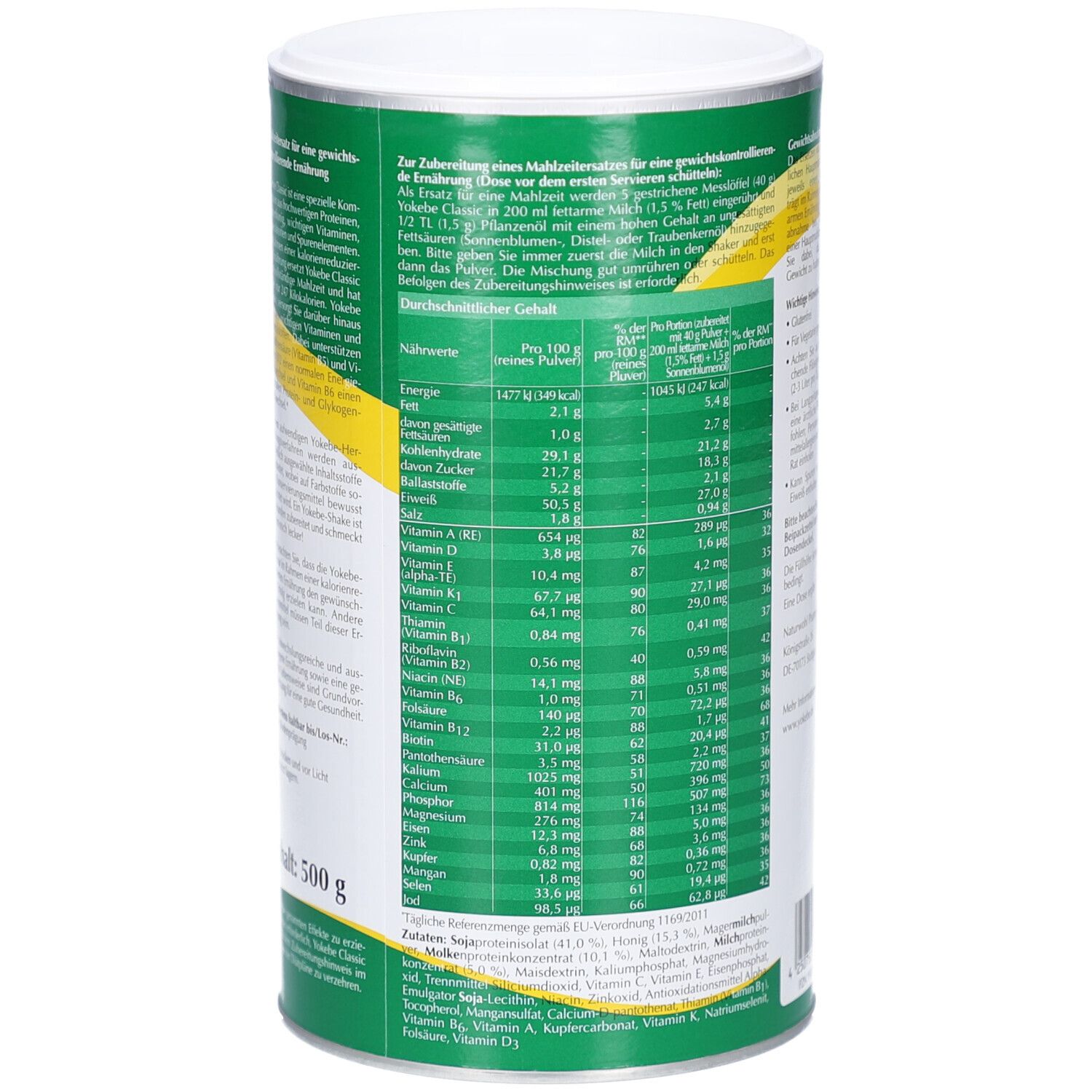 Rückseite der Yokebe Classic Dose. Nährwerttabelle und Zutatenliste. Angaben pro 100g und pro Portion. Inhaltsangabe: 500 g.