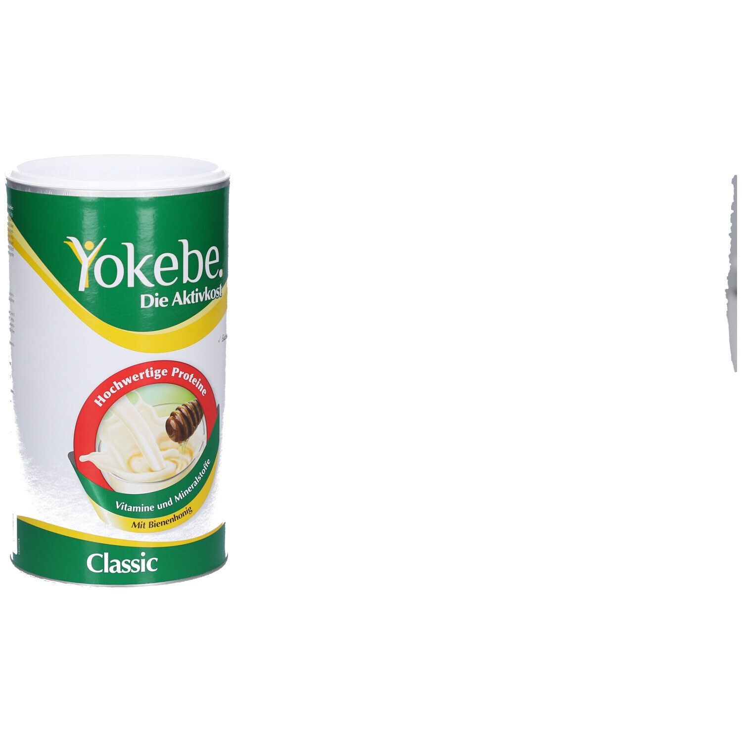 Yokebe Classic Dose, zylindrisch, weiß-grün. Logo und Produktbezeichnung. Abbildung mit Honig und Milch. Text: Hochwertige Proteine, Vitamine und Mineralstoffe.