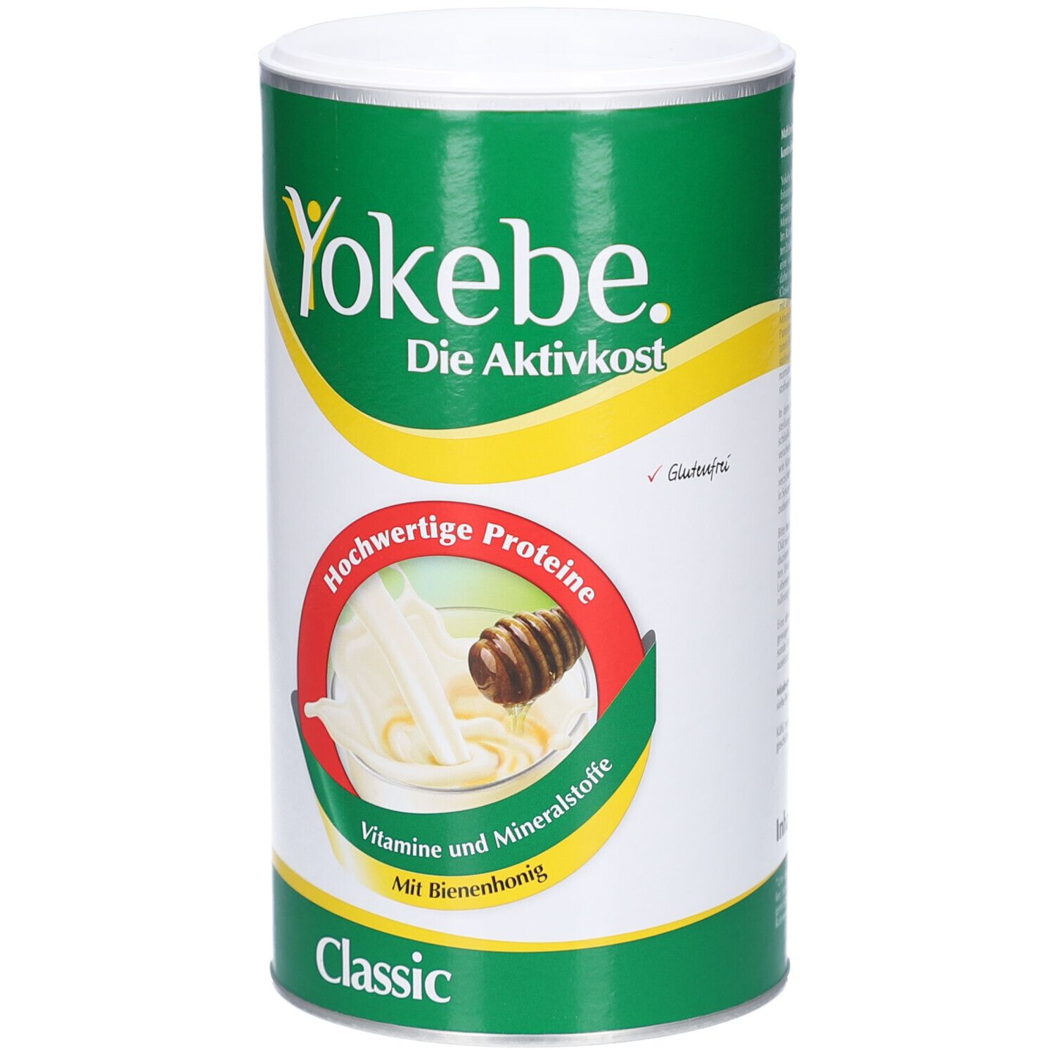 Yokebe Classic Dose. Grün-weißes Design. Logo und Produktbezeichnung. Abbildung mit Honig und Milch. Enthält Proteine, Vitamine und Mineralstoffe. Glutenfrei.