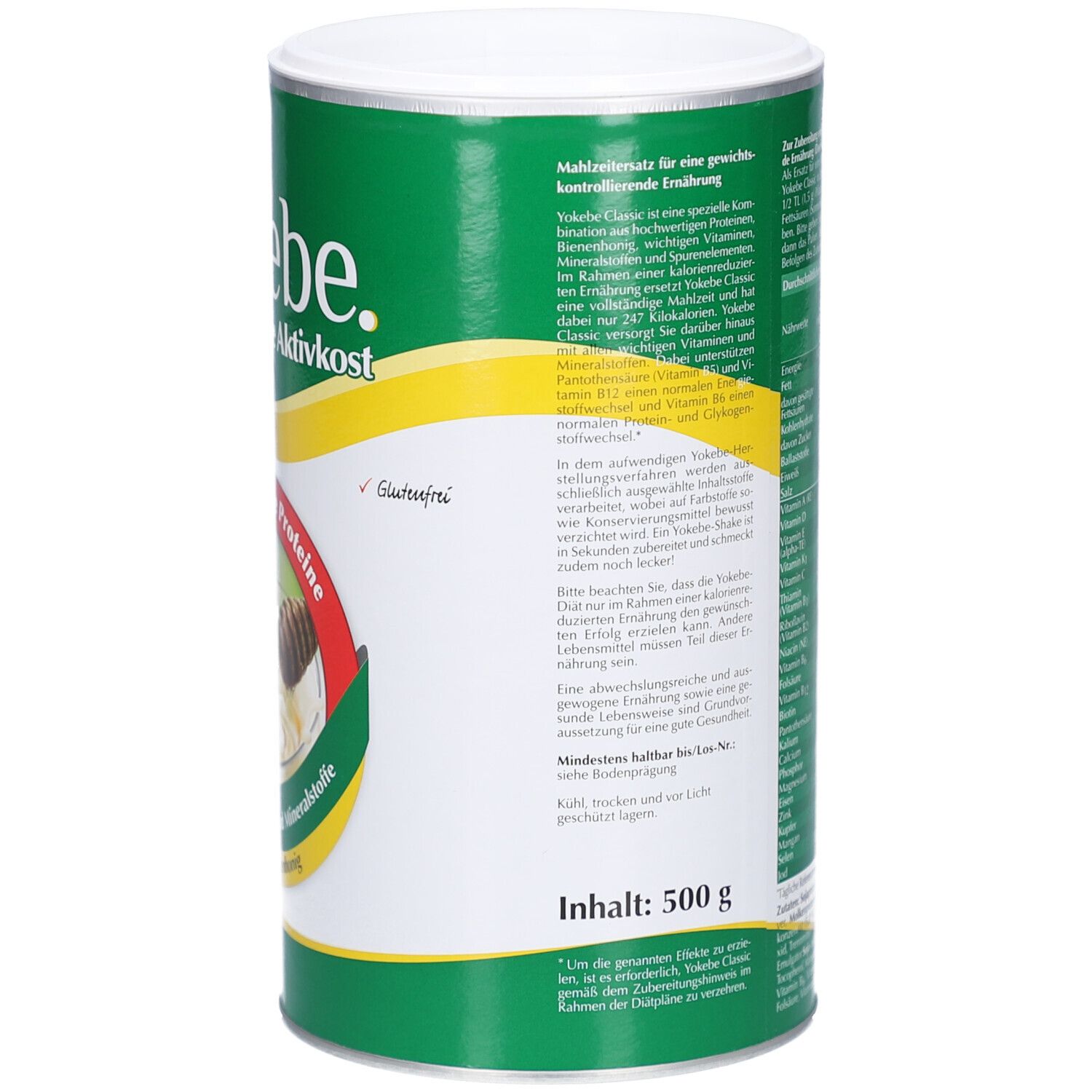 Rückseite der Yokebe Classic Dose. Textinformationen in deutscher Sprache. Nährwertangaben, Zutatenliste. Inhaltsangabe: 500 g. Glutenfrei.
