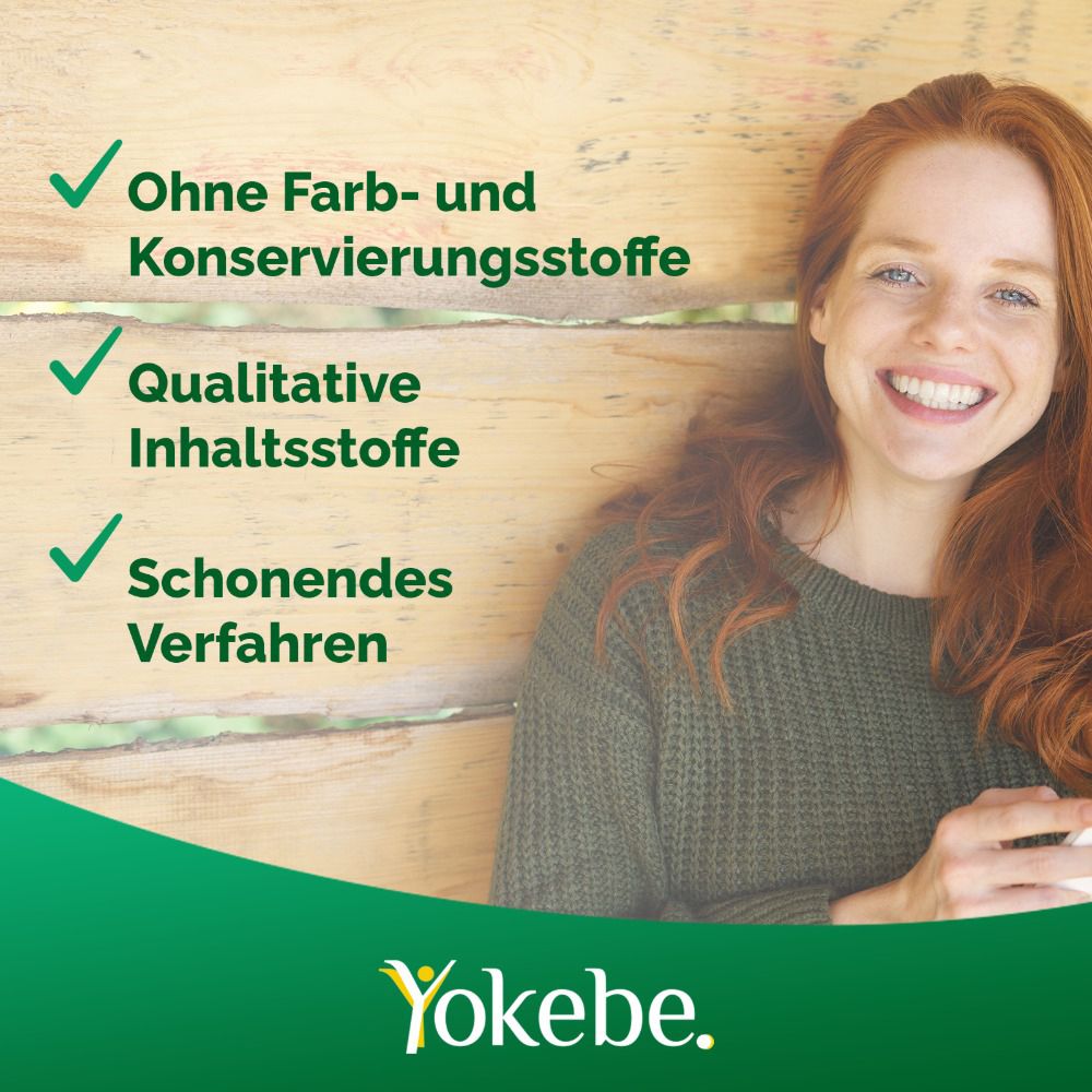 Frau lächelt. Text: Ohne Farb- und Konservierungsstoffe, Qualitative Inhaltsstoffe, Schonendes Verfahren. Yokebe.
