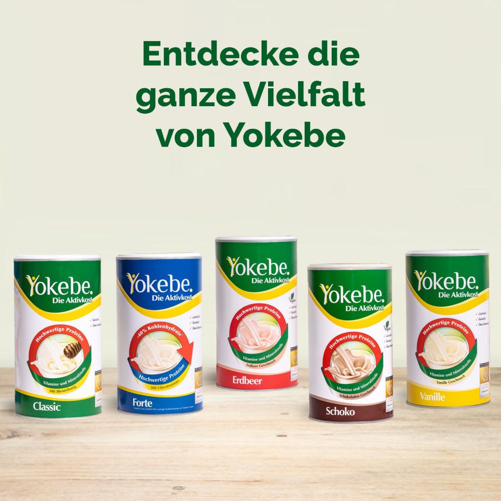 Fünf Dosen. Text: Entdecke die ganze Vielfalt von Yokebe. Classic, Forte, Erdbeer, Schoko, Vanille.