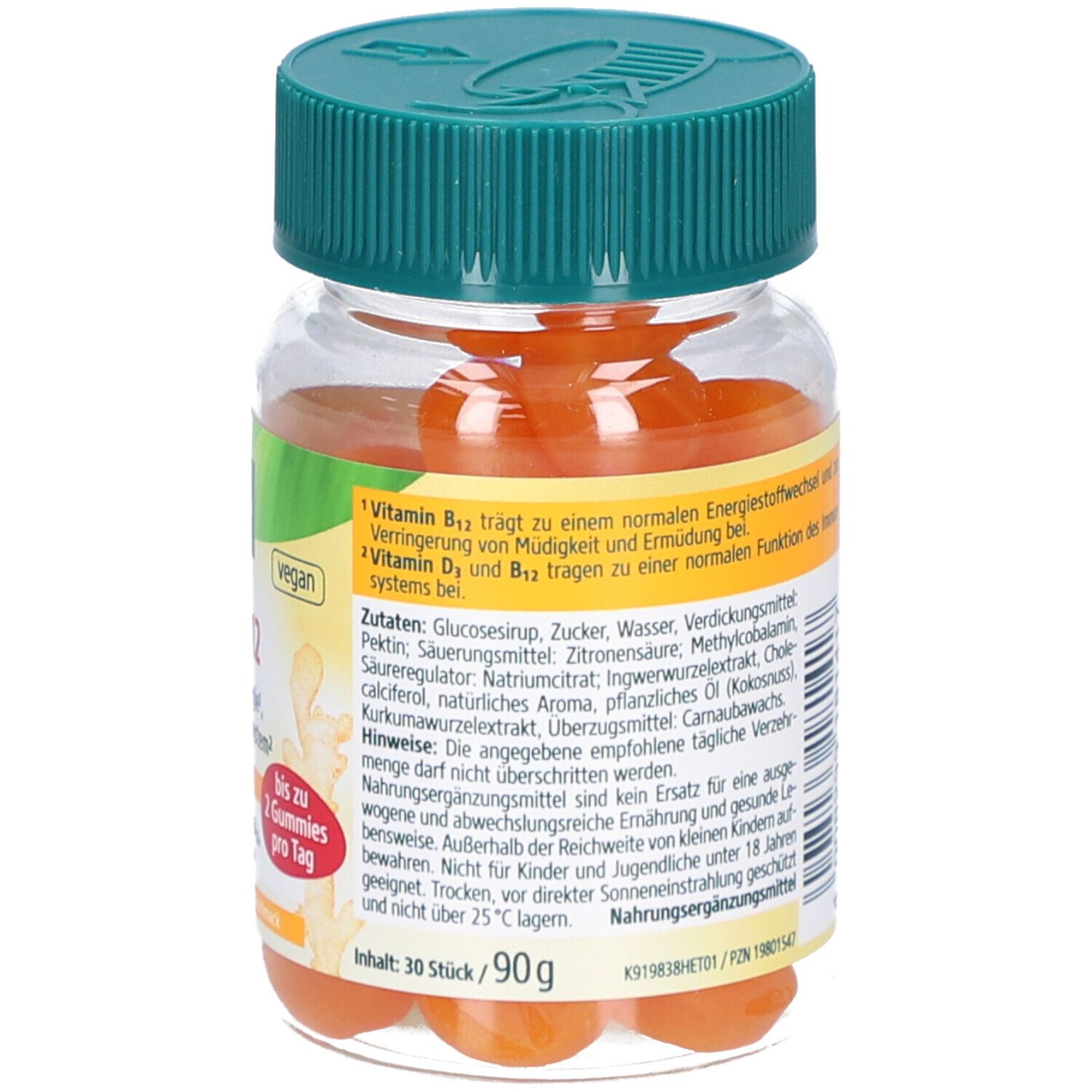 Rückseite der Dose mit Informationen. Grüner Deckel. Aufschrift: Kneipp. Nährwertangaben. Mindesthaltbarkeit. 30 Stück/90g.