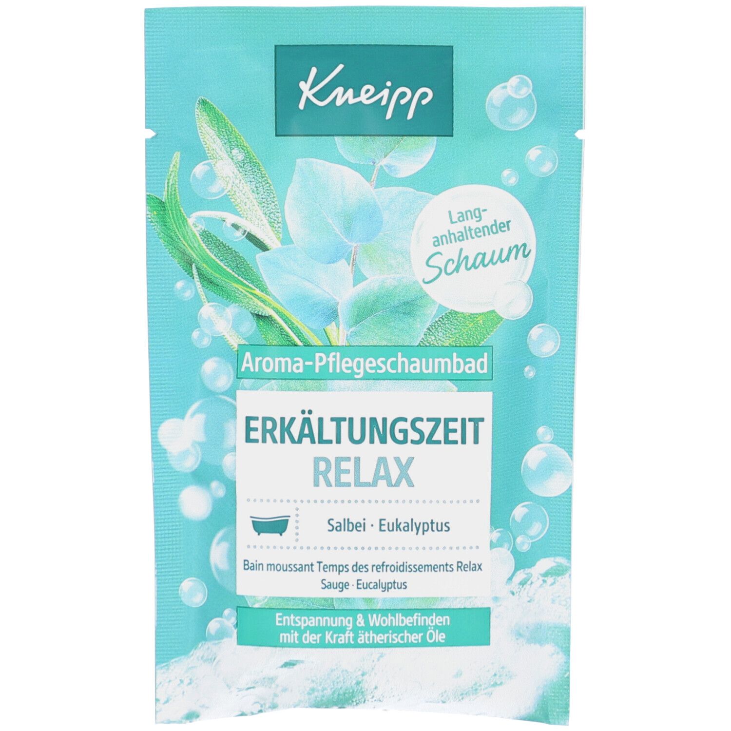 Hellblaues Sachet mit Kneipp-Logo und Produktbezeichnung. Abbildung von Eukalyptus und Salbei. Text: Erkältungszeit Relax, Aroma-Pflegeschaumbad.