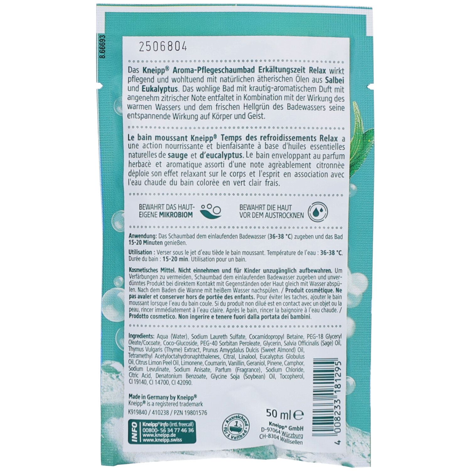 Rückseite des hellblauen Sachets. Text: Produktinformationen, Inhaltsstoffe, Anwendungshinweise. Enthält 50 ml. Kneipp-Logo und weitere Informationen.