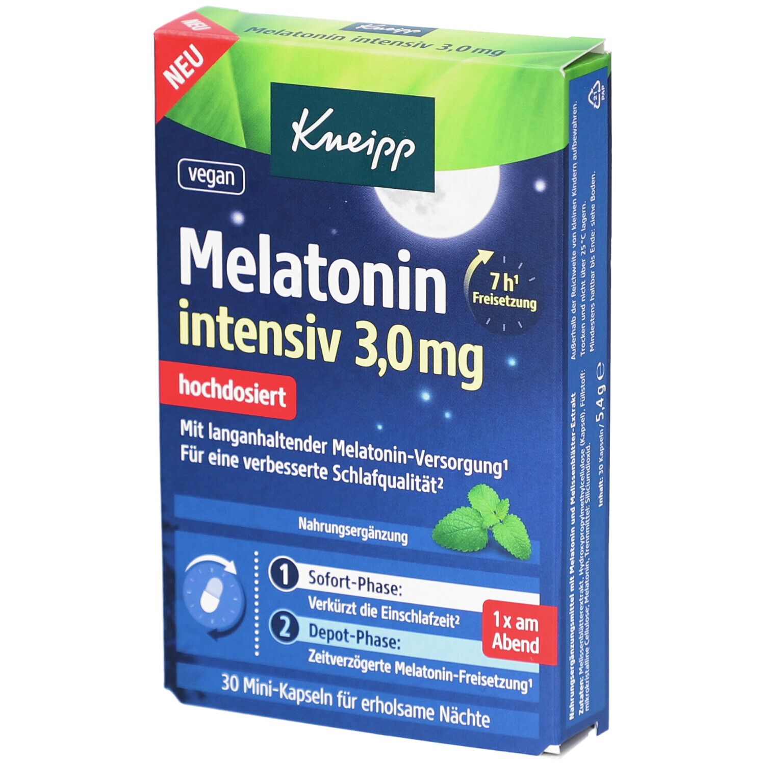 Kneipp Melatonin intensiv 3,0 mg Kapseln. Blaue Schachtel mit Produktnamen, Mond- und Sternmotiv. Vegan, 30 Mini-Kapseln.