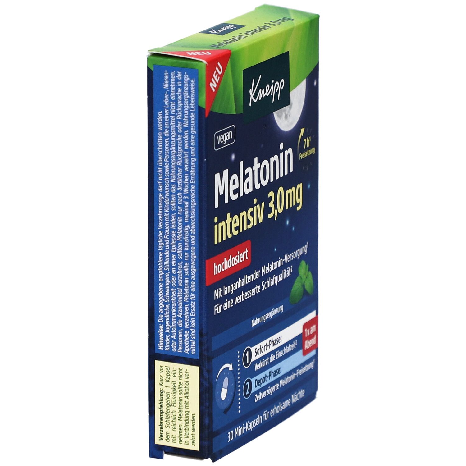 Kneipp Melatonin intensiv 3,0 mg Kapseln. Blaue Schachtel, Seitenansicht. Produktname, vegan, 30 Mini-Kapseln. Text.