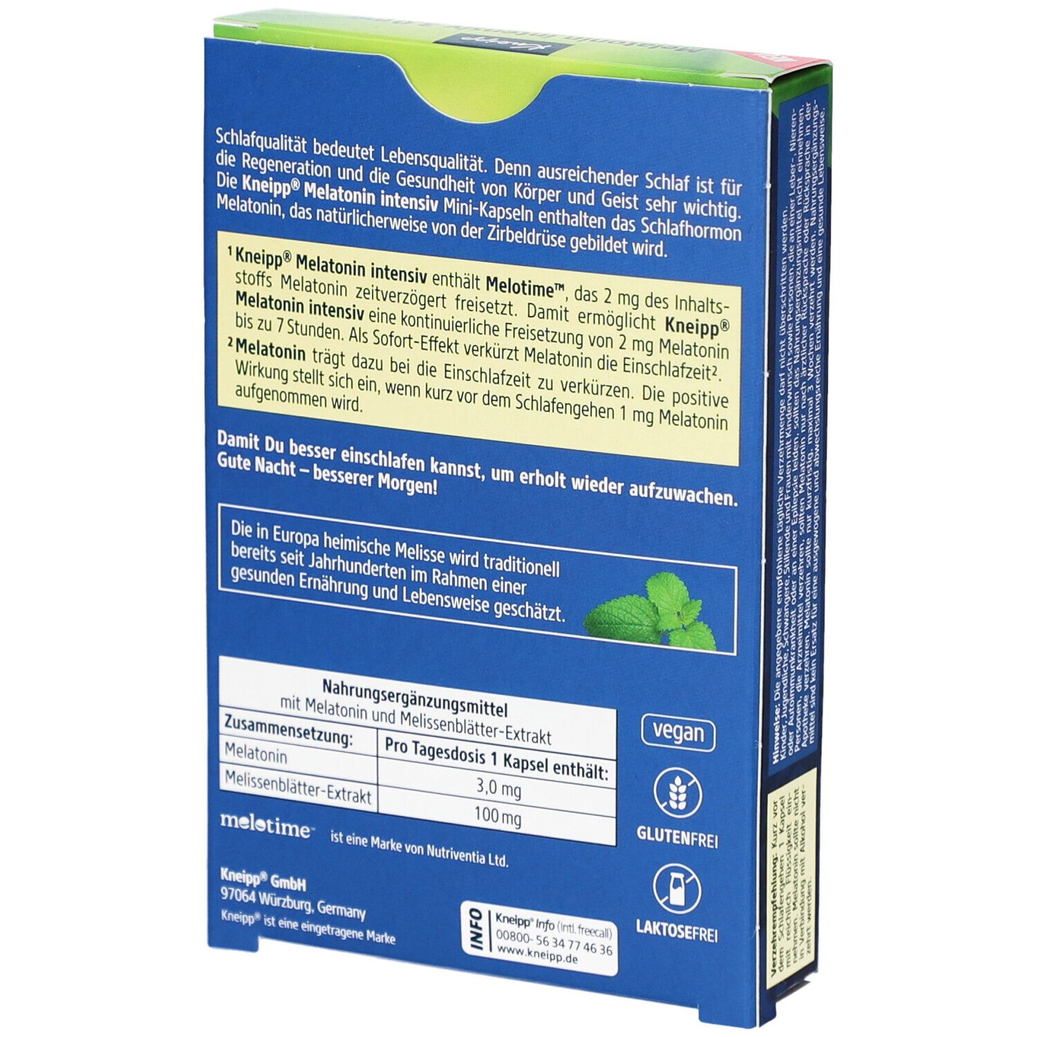 Rückseite der Kneipp Melatonin intensiv 3,0 mg Kapseln. Text, Inhaltsstoffe, vegan, glutenfrei, laktosefrei. Blaue Verpackung.