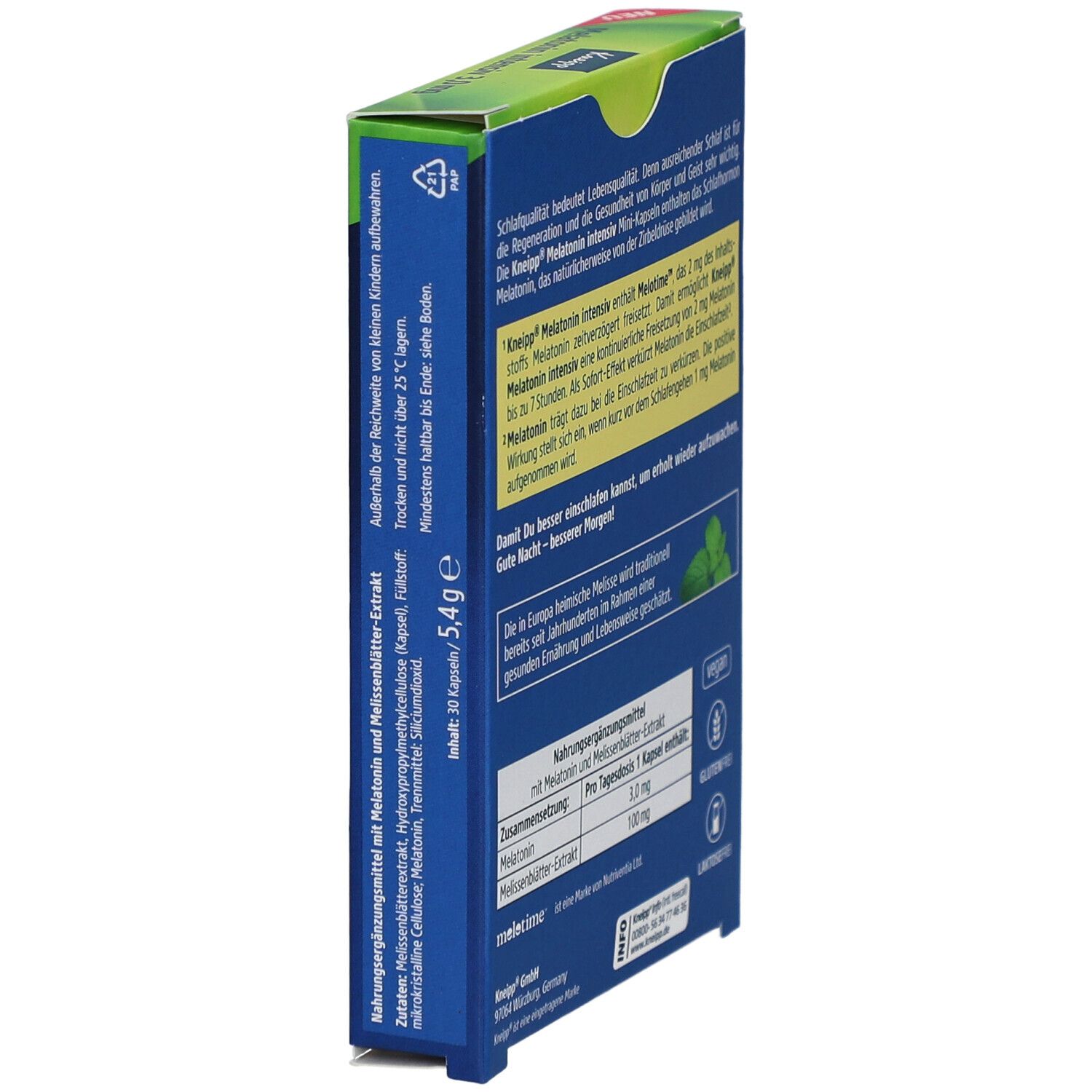 Kneipp Melatonin intensiv 3,0 mg Kapseln. Blaue Verpackung, Seitenansicht. Text, Inhaltsstoffe, vegan, 30 Kapseln.