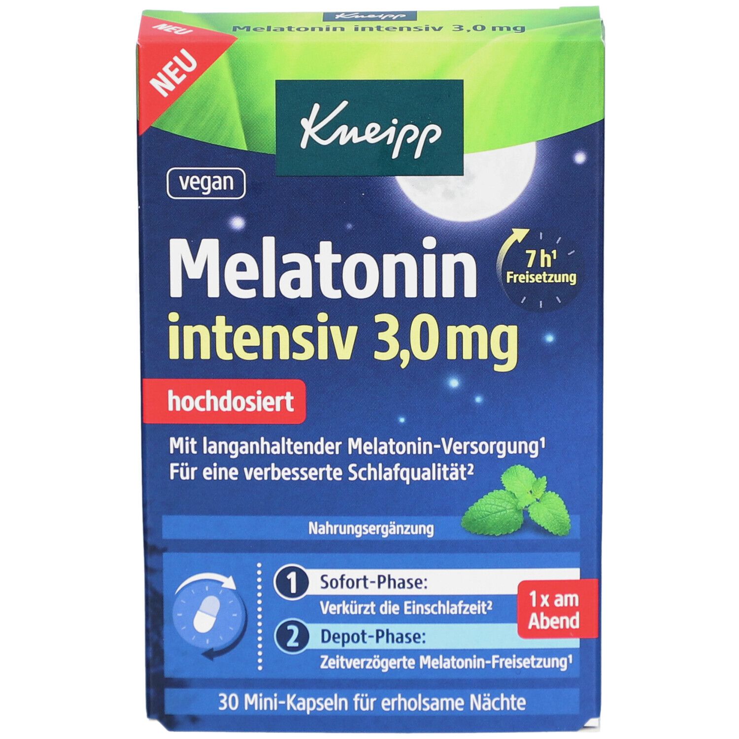 Kneipp Melatonin intensiv 3,0 mg Kapseln. Blaue Schachtel, Vorderansicht. Produktname, Mond, Sterne, vegan, 30 Mini-Kapseln.