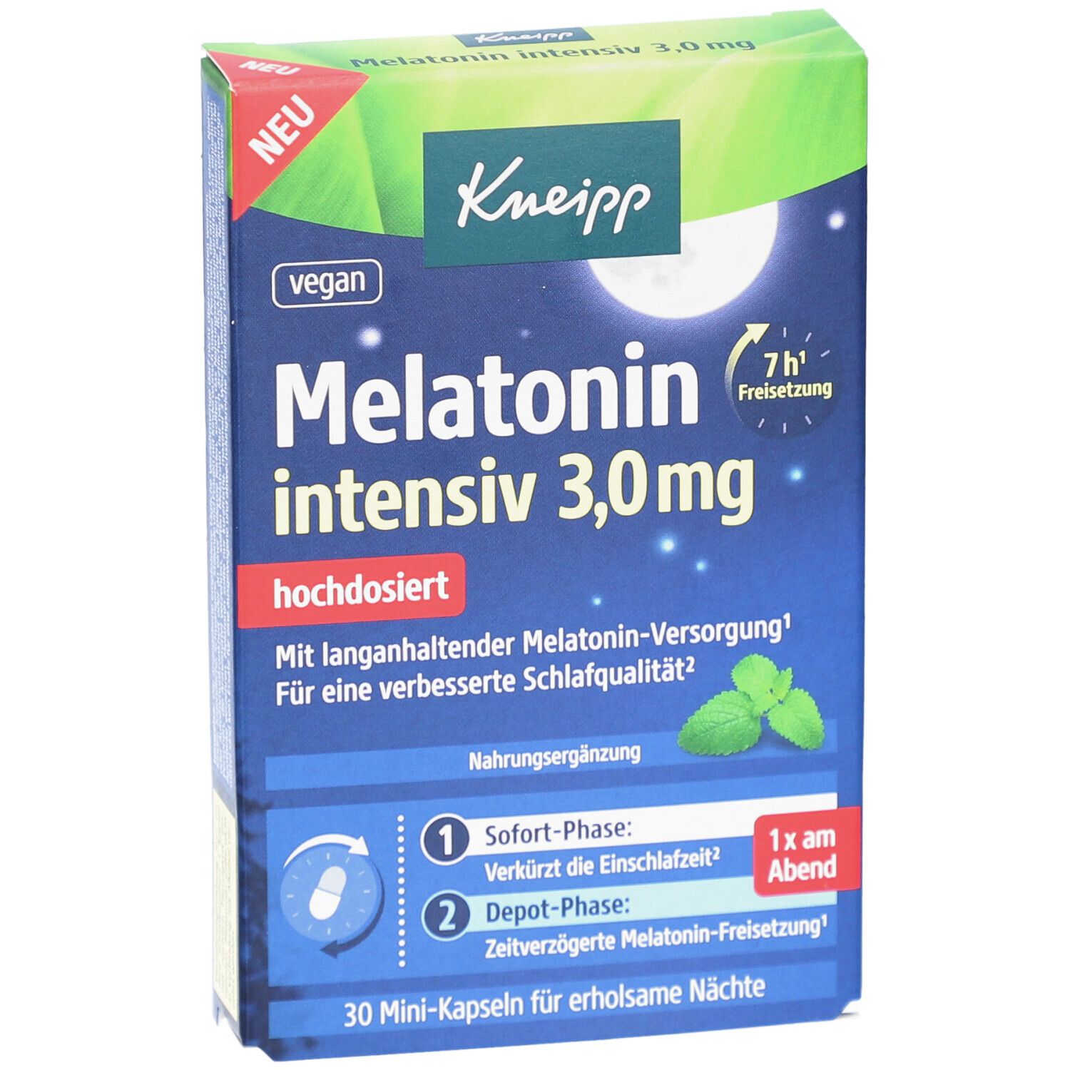 Kneipp Melatonin intensiv 3,0 mg Kapseln. Blaue Schachtel, Vorderansicht. Produktname, Mond, Sterne, vegan, 30 Mini-Kapseln.