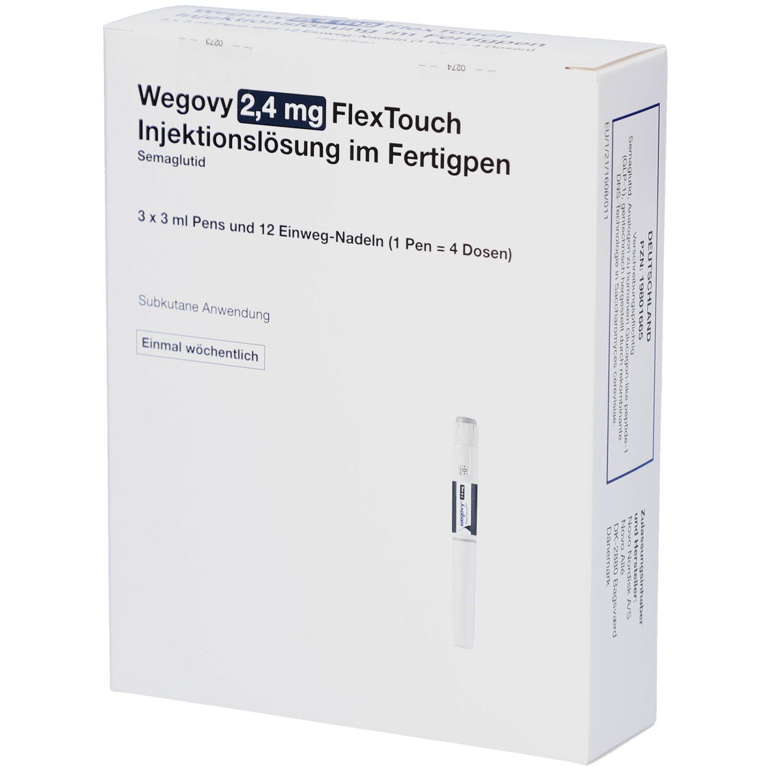 Weiße Verpackung mit Produktnamen und Injektionslösung. Enthält 3 Pens und 12 Nadeln. FlexTouch-Fertigpen.