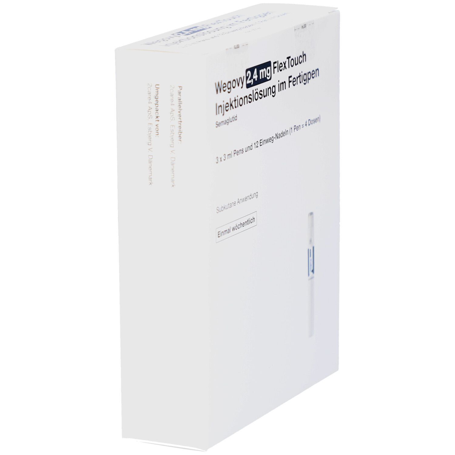 Weiße Verpackung, schräg. Produktname und Injektionslösung. FlexTouch-Fertigpen. Enthält 3 Pens und 12 Nadeln.