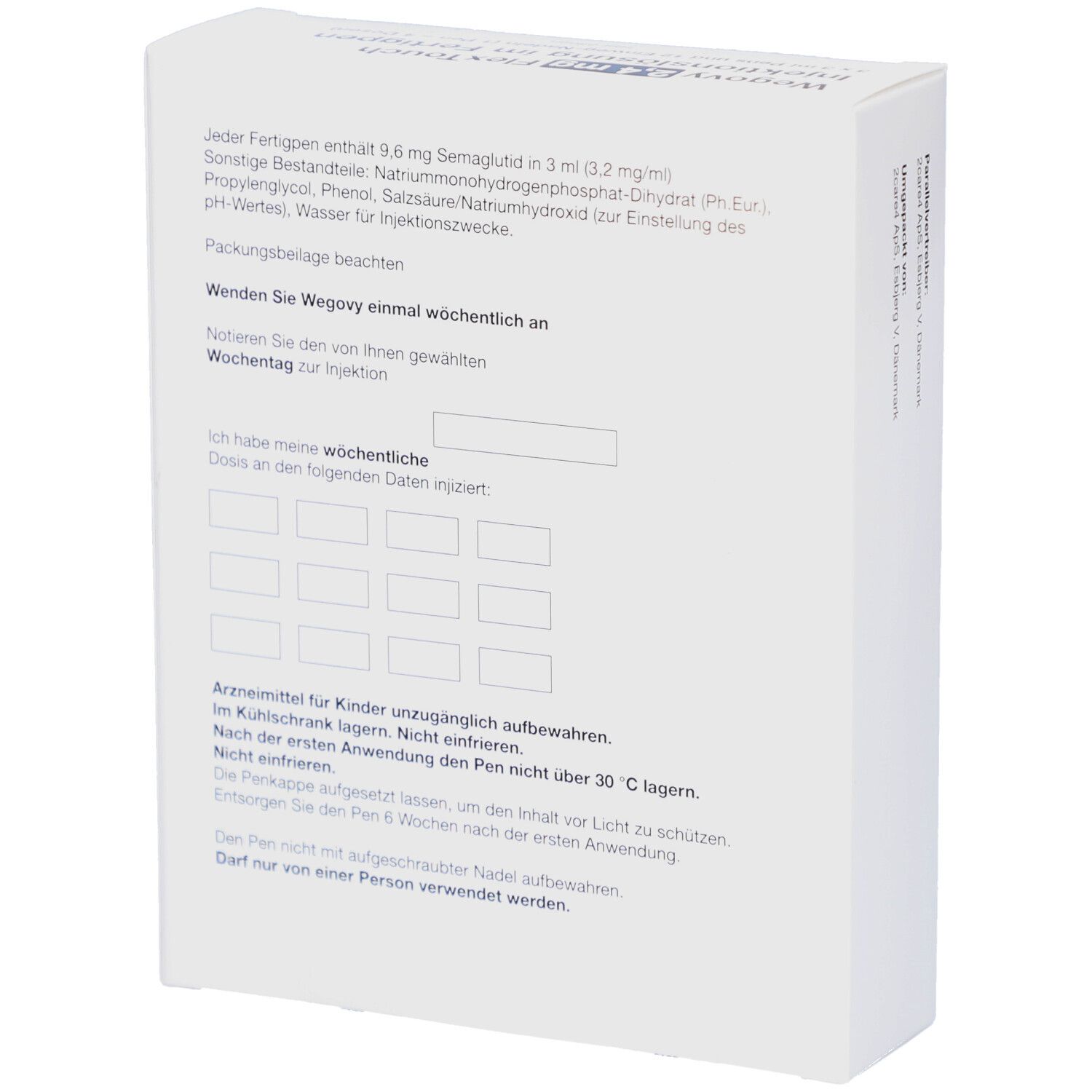 Rückseite der weißen Verpackung. Textinformationen, Inhaltsstoffe und Anwendungshinweise. Für Kinder unzugänglich aufbewahren.