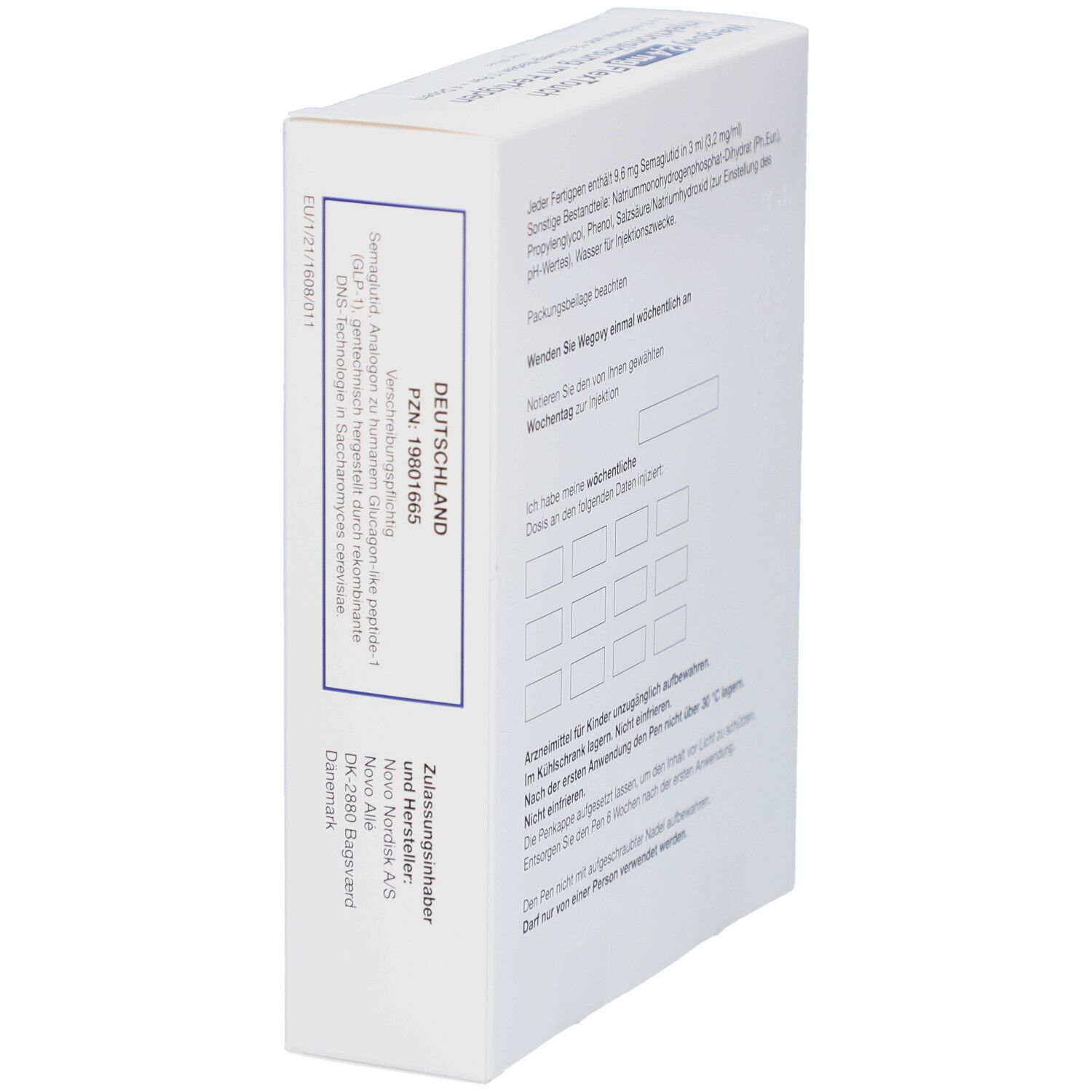 Weiße Verpackung, schräg. Textinformationen, Herstelleradresse und Chargennummer. Für Kinder unzugänglich aufbewahren.