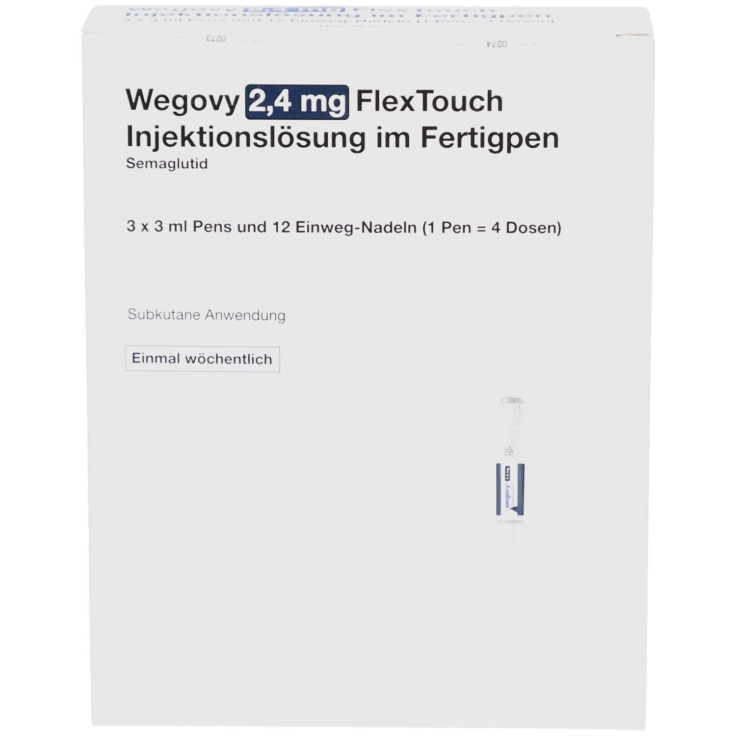 Weiße Verpackung mit Produktnamen und Injektionslösung. Enthält 3 Pens und 12 Nadeln. FlexTouch-Fertigpen.