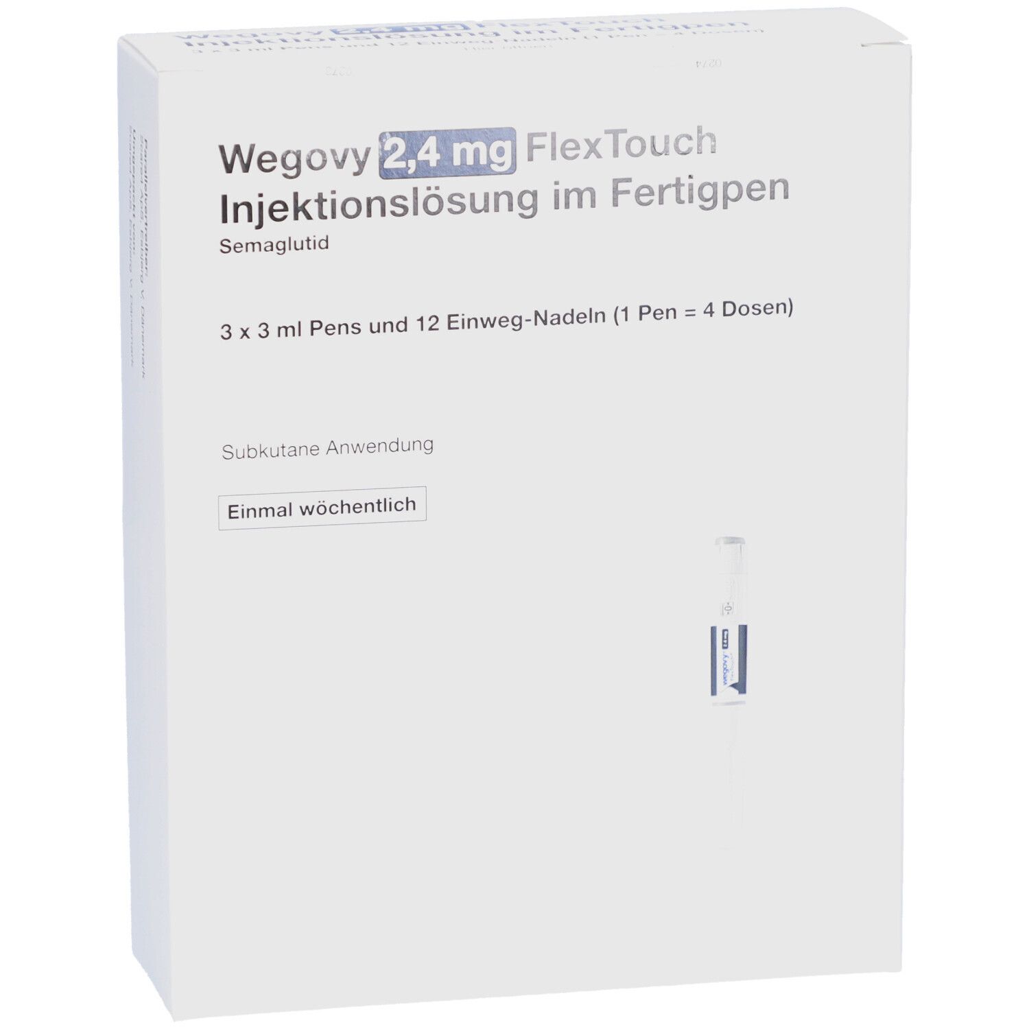 Weiße Verpackung mit Produktnamen und Injektionslösung. Enthält 3 Pens und 12 Nadeln. FlexTouch-Fertigpen.