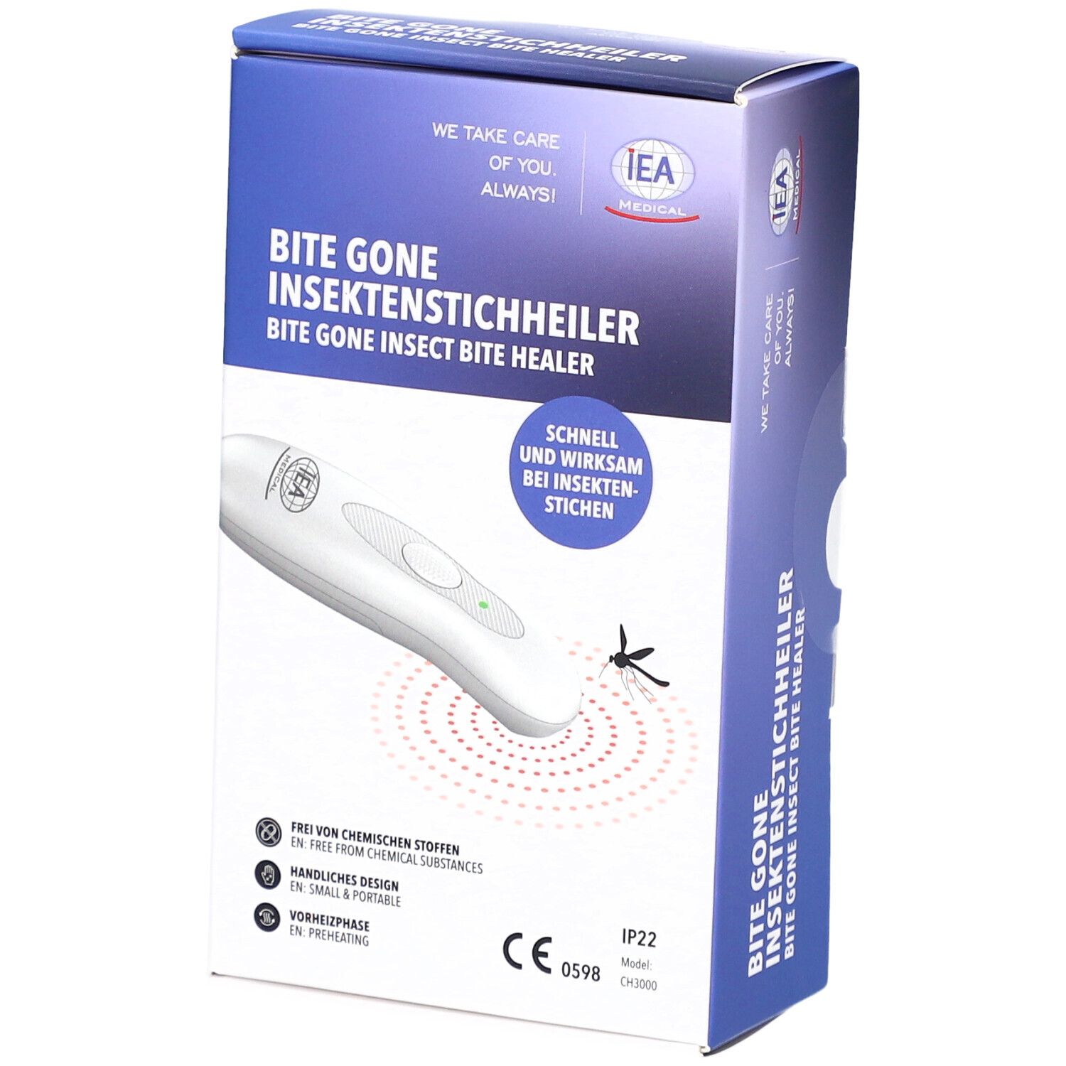 Produktverpackung. IEA Medical Insektenstichheiler. Weißes Gerät auf der Verpackung abgebildet. Text: Bite Gone Insektenstichheiler.