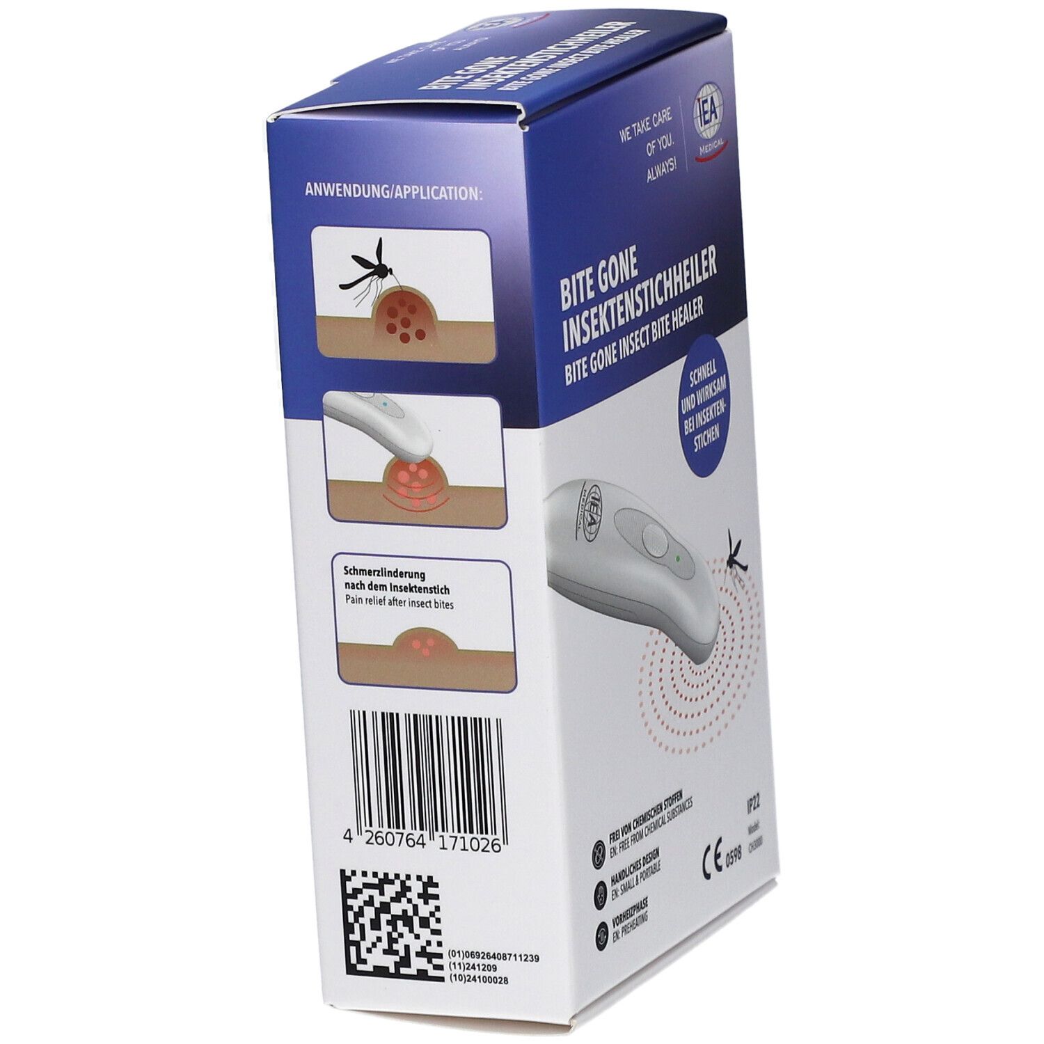 Produktverpackung. IEA Medical Insektenstichheiler. Seitenansicht der Verpackung. Text: Bite Gone Insektenstichheiler.