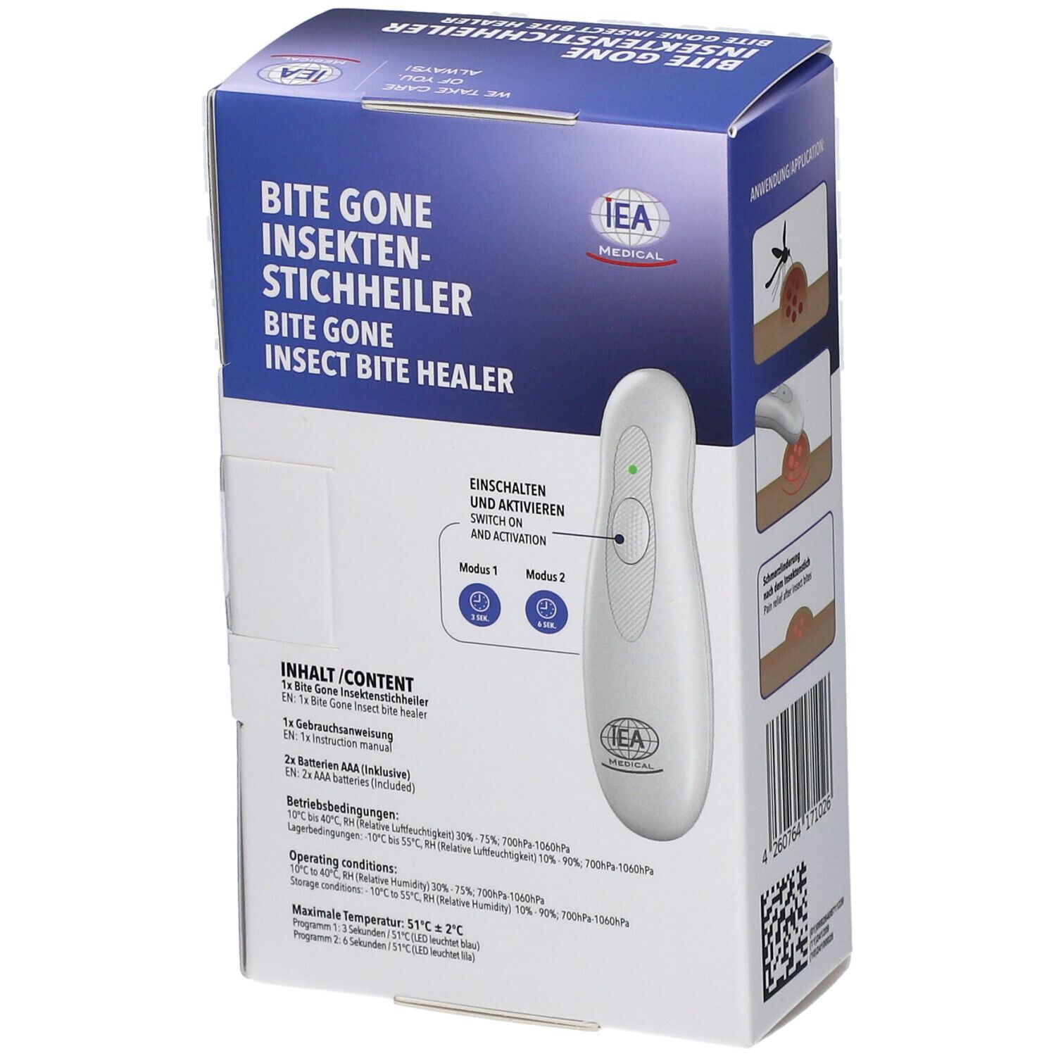 Produktverpackung. IEA Medical Insektenstichheiler. Rückseite der Verpackung. Text: Bite Gone Insektenstichheiler.