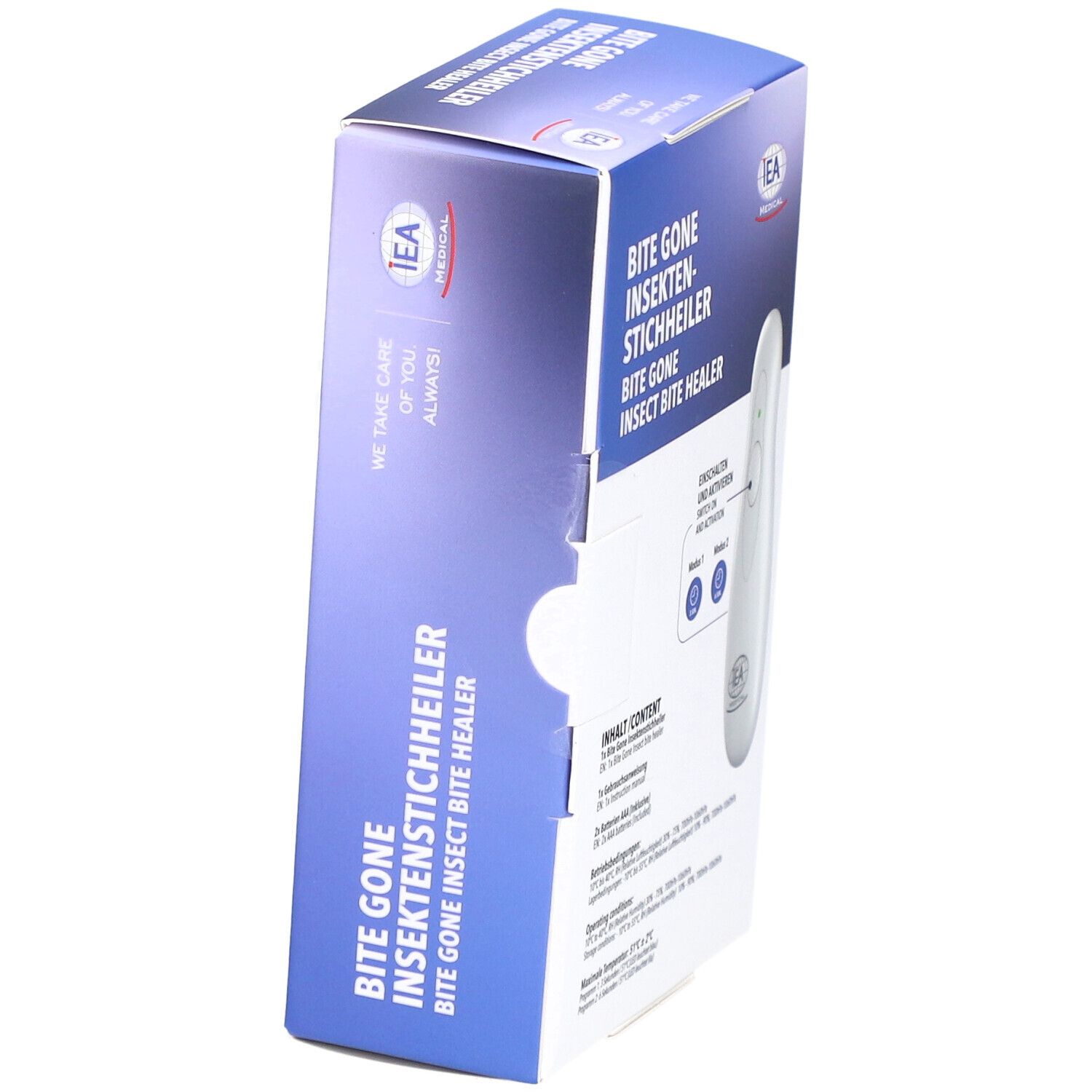 Produktverpackung. IEA Medical Insektenstichheiler. Seitenansicht der Verpackung. Text: Bite Gone Insektenstichheiler.