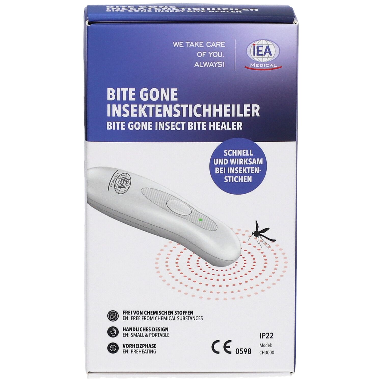 Produktverpackung. IEA Medical Insektenstichheiler. Weißes Gerät auf der Verpackung abgebildet. Text: Bite Gone Insektenstichheiler.
